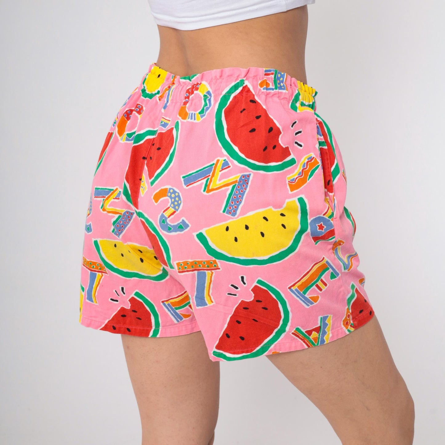 90s Tropical Watermelon Alphabet Print Shorts Pink Drawstring Small Medium