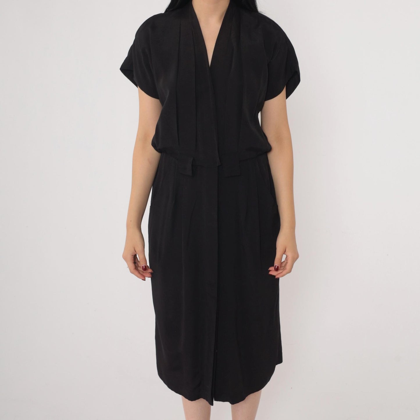 90s Black Button-Up Midi Dress V-Neck Pleated Sheath Small Petite