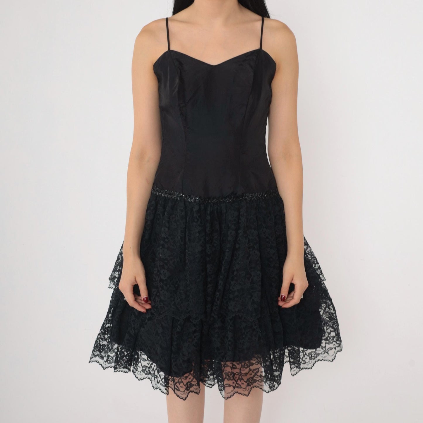 80s Black Lace Midi Dress Sweetheart Neckline Sequin Spaghetti Strap Extra Small