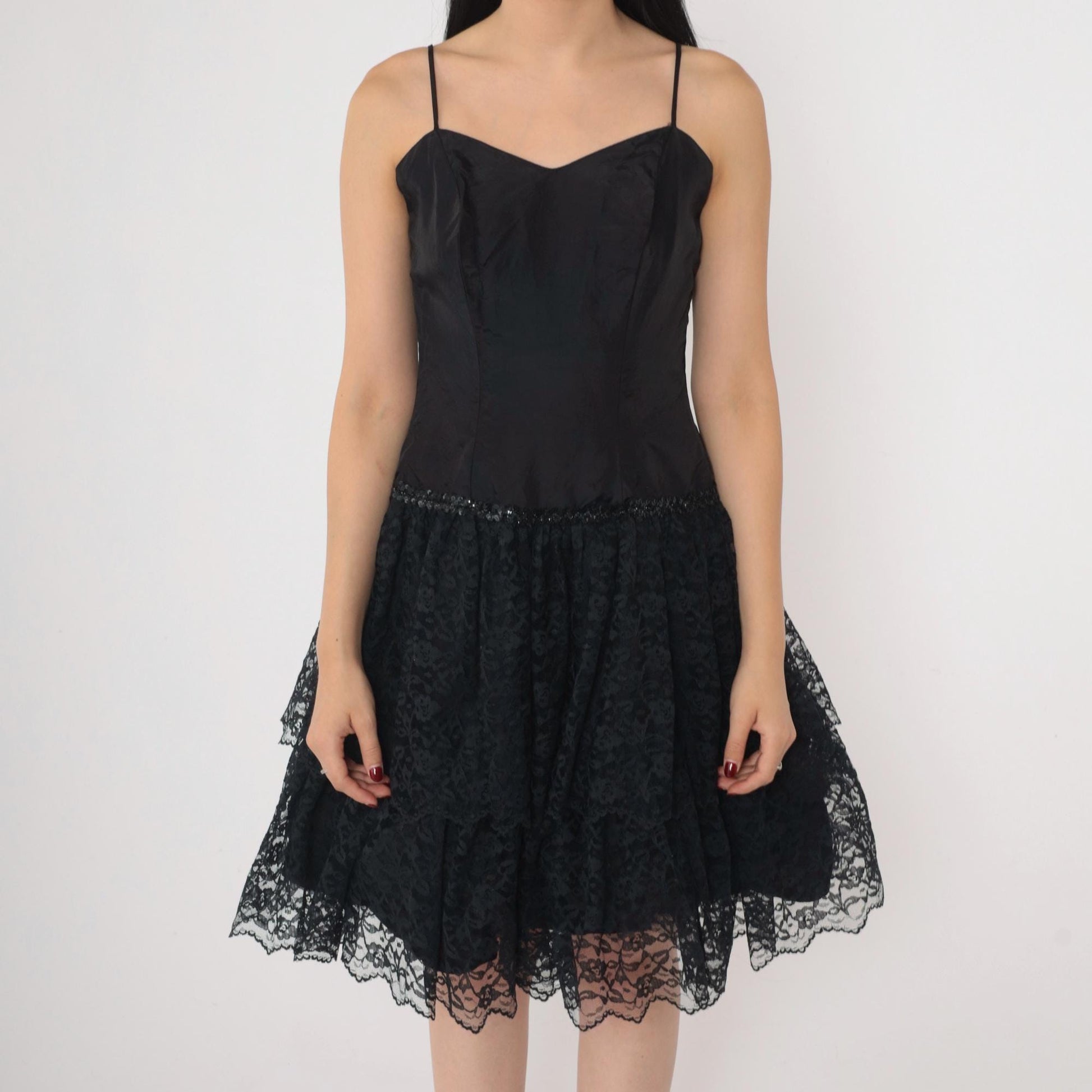 80s Black Lace Midi Dress Sweetheart Neckline Sequin Spaghetti Strap Extra Small