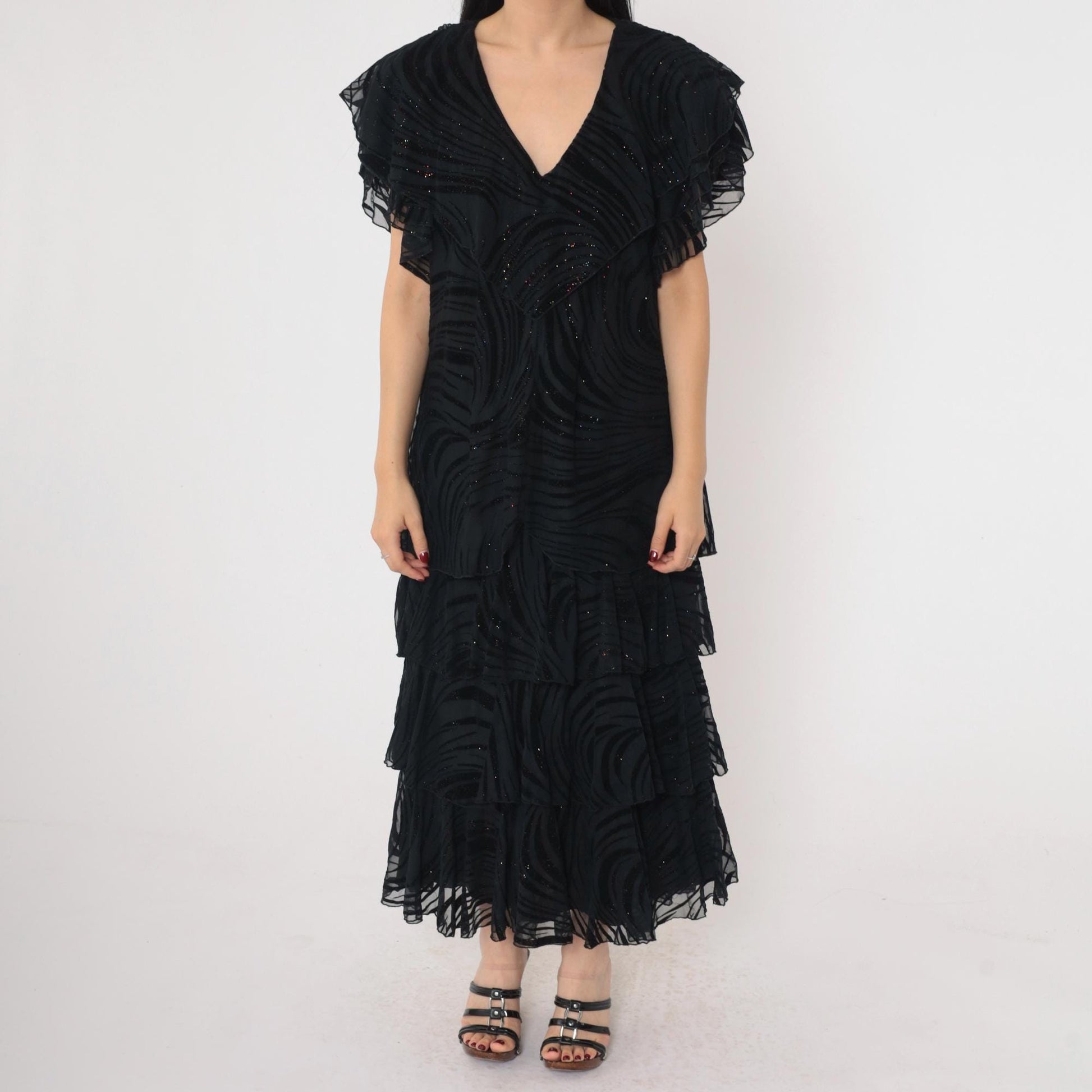 90s Black Glitter Tiger Stripe Dress Flutter Sleeve V-Neck Ankle Length Large L