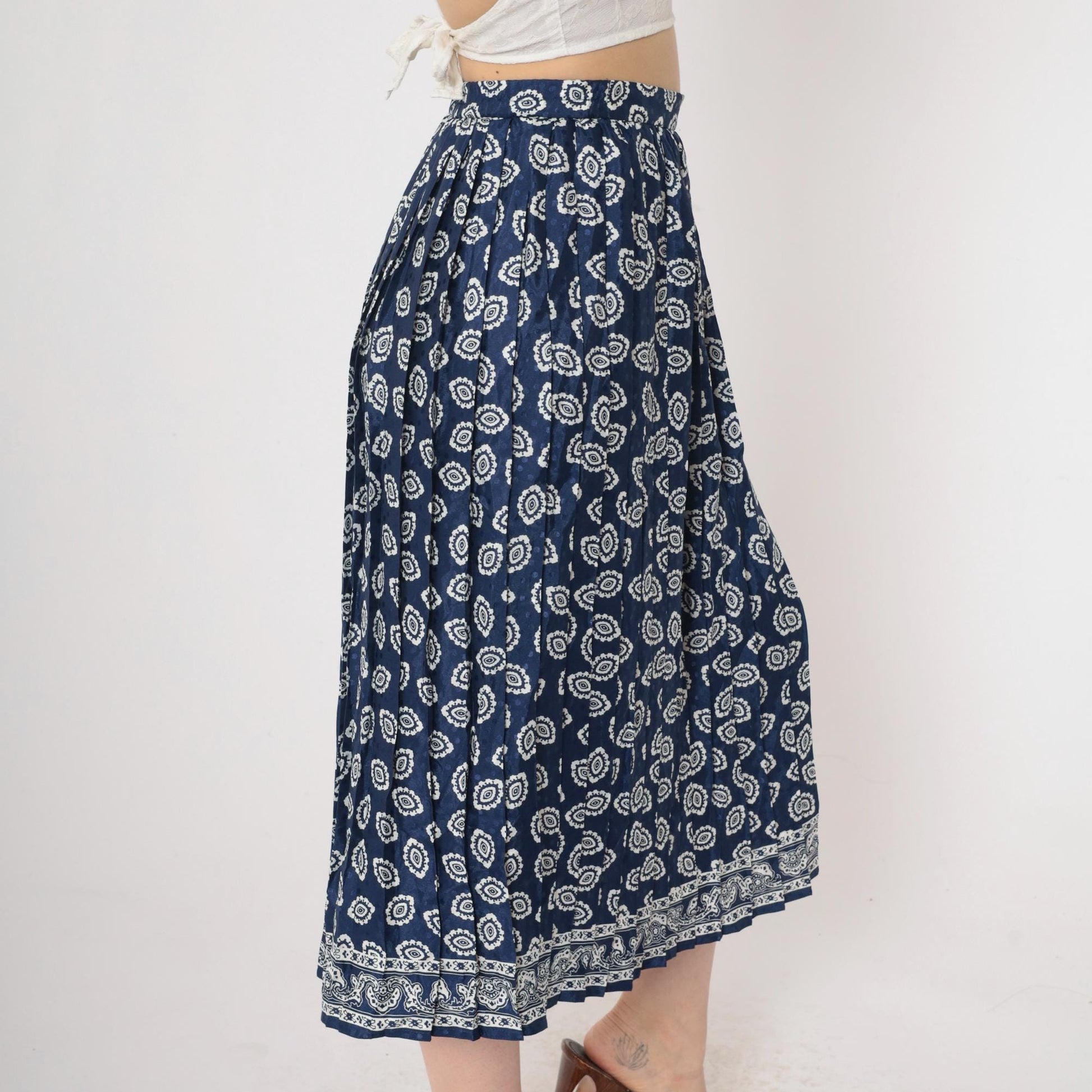90s Geometric Midi Skirt High Waisted Pleated Blue Paisley Print Small
