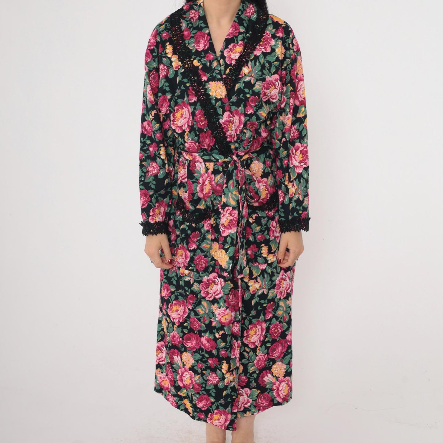 90s Victoria's Secret Floral Robe Pink Black Lace Trim Wrap Ankle Length Small Petite
