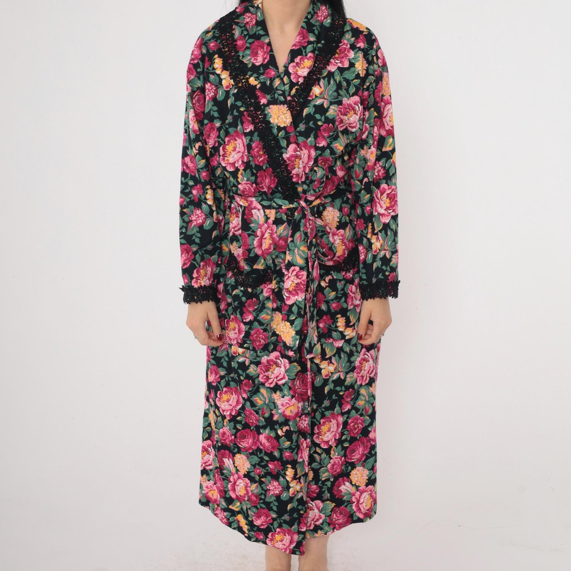 90s Victoria's Secret Floral Robe Pink Black Lace Trim Wrap Ankle Length Small Petite