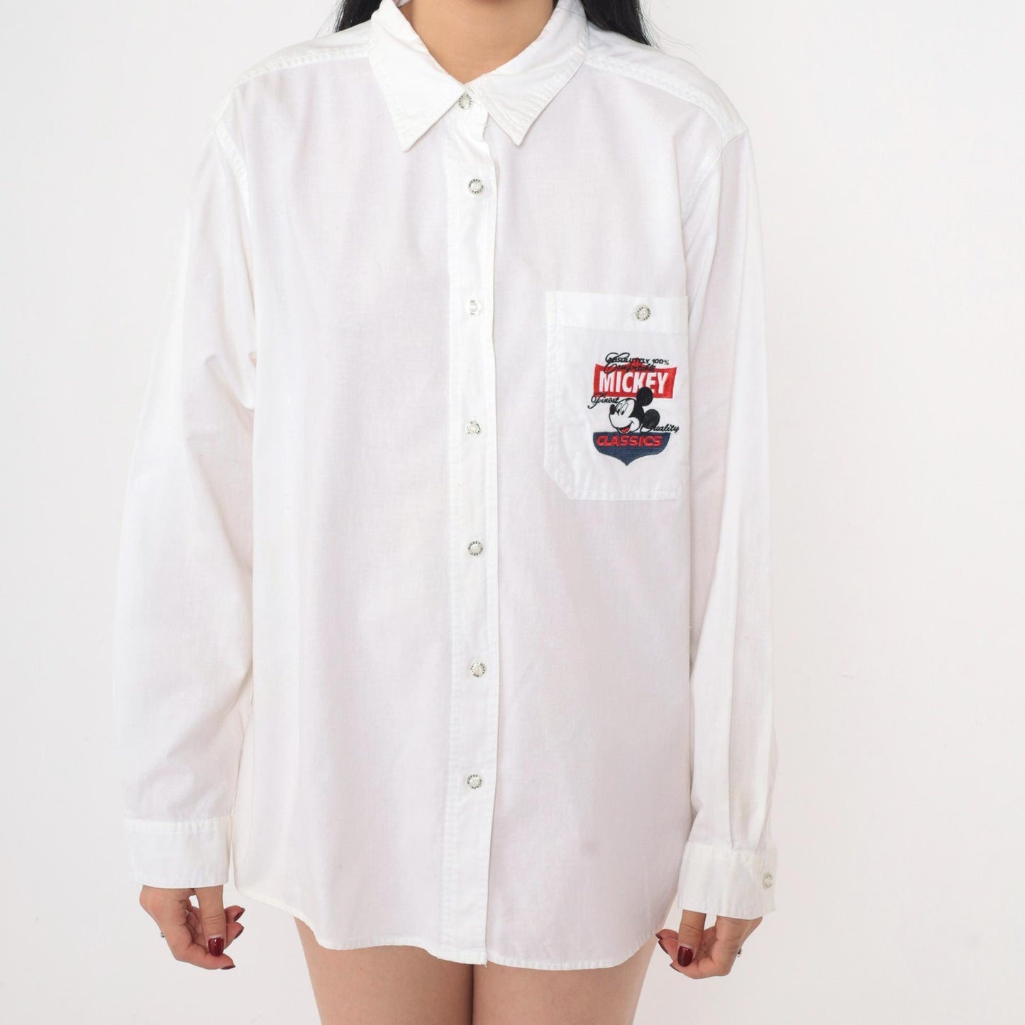 90s Mickey Unlimited Disney Shirt White Cotton Button Up Long Sleeve Large