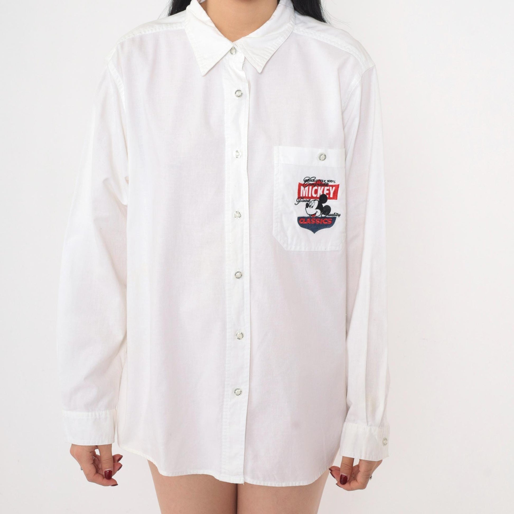 90s Mickey Unlimited Disney Shirt White Cotton Button Up Long Sleeve Large
