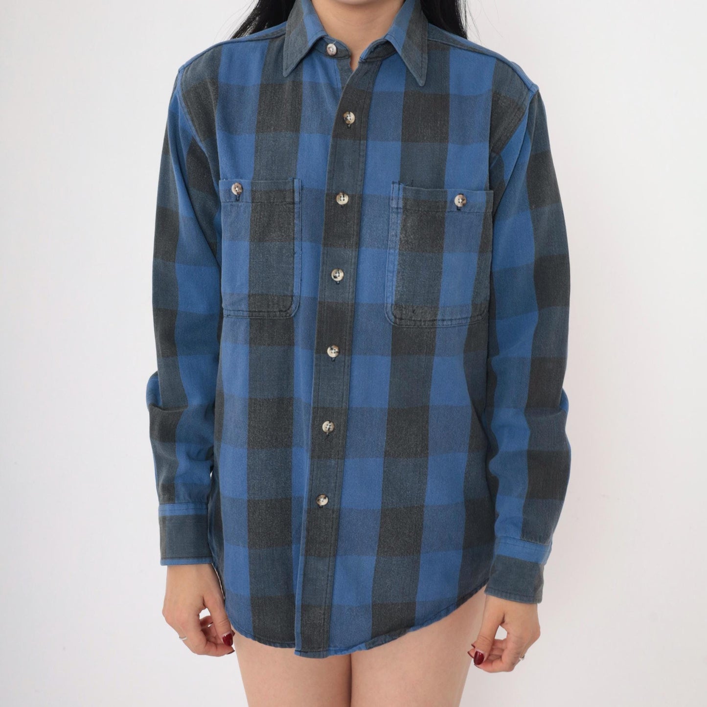 90s St Johns Bay Buffalo Plaid Button-Up Shirt Blue Black Cotton Small