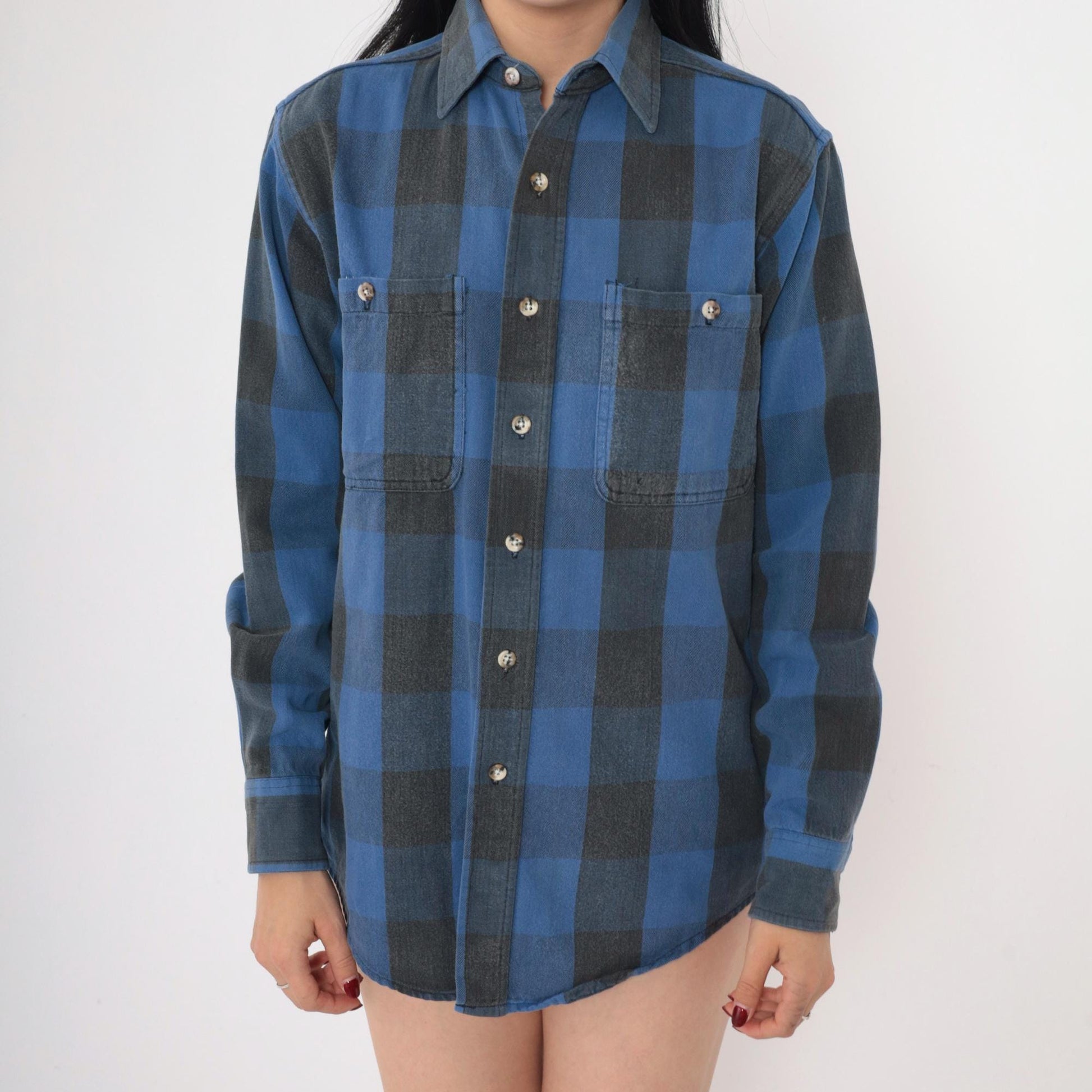 90s St Johns Bay Buffalo Plaid Button-Up Shirt Blue Black Cotton Small
