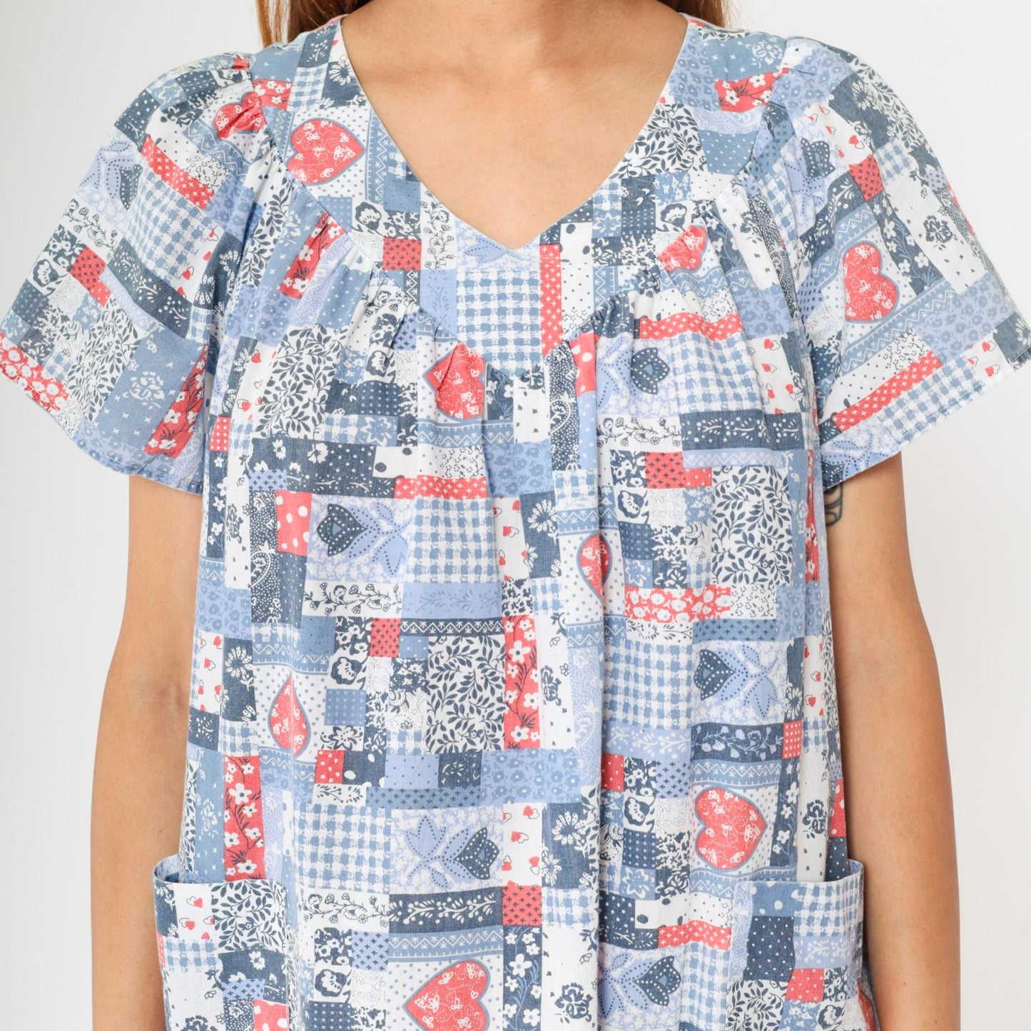 80s Patchwork Floral Heart Print Midi Dress Red White Blue V-Neck Large
