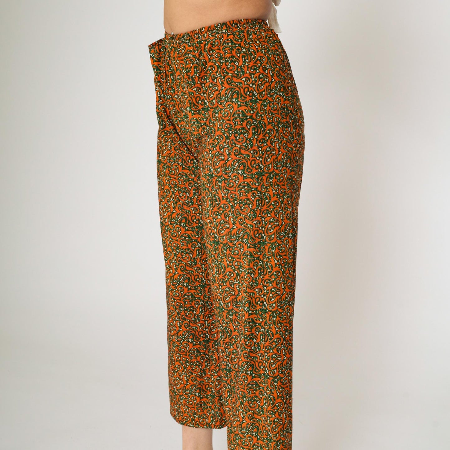 Y2K Orange Green Baroque Swirl Wide Leg Cropped Trousers Extra Small XS