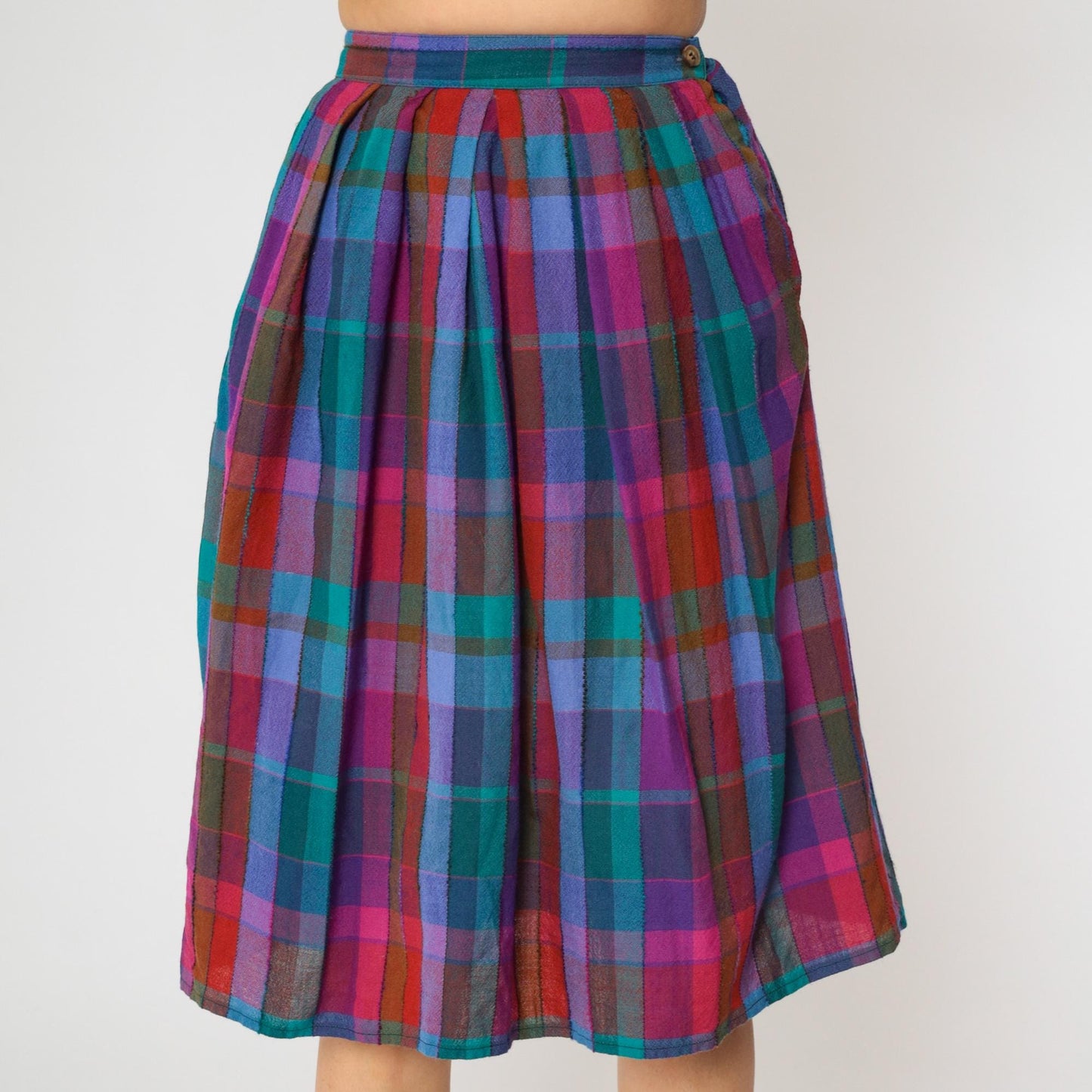 80s John Meyer Checkered Wool Midi Skirt High Waist Pleated Purple Blue Extra Small