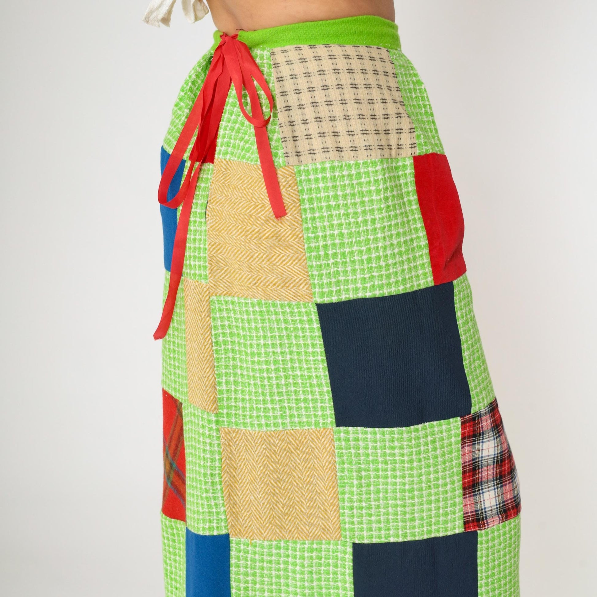1970s Patchwork Plaid Maxi Skirt Lime Green Checkered Small
