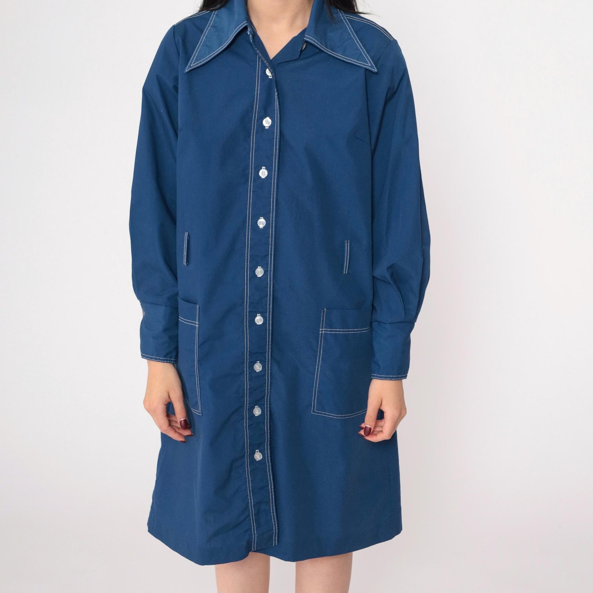 70s Dark Blue Dagger Collar Shift Dress Button-Up Long Sleeve Medium