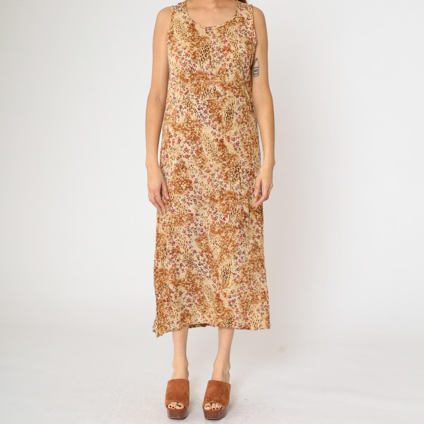 90s Kathie Lee Leopard Floral Midi Dress High Waist Sleeveless Beige Burnt Orange Medium