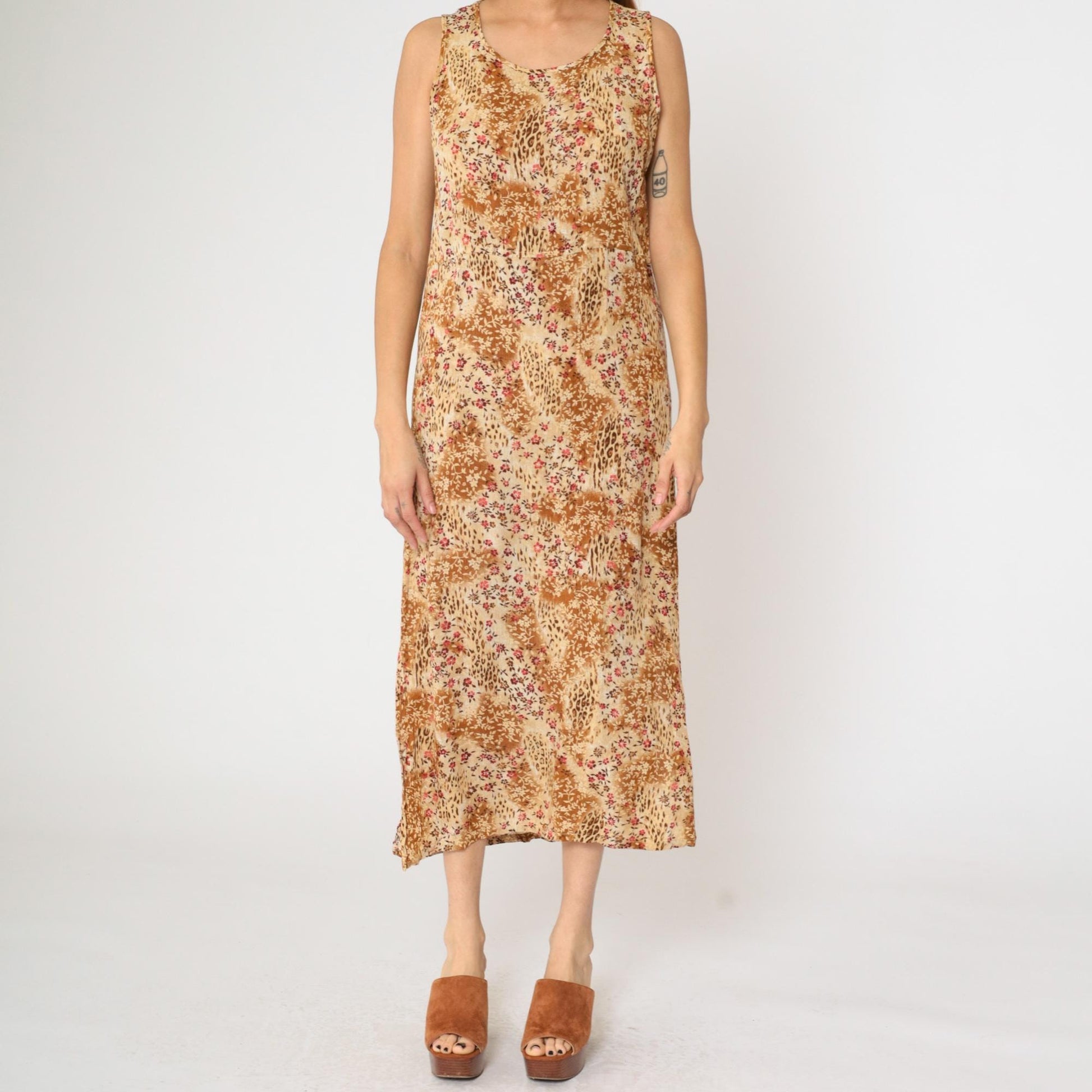 90s Kathie Lee Leopard Floral Midi Dress High Waist Sleeveless Beige Burnt Orange Medium