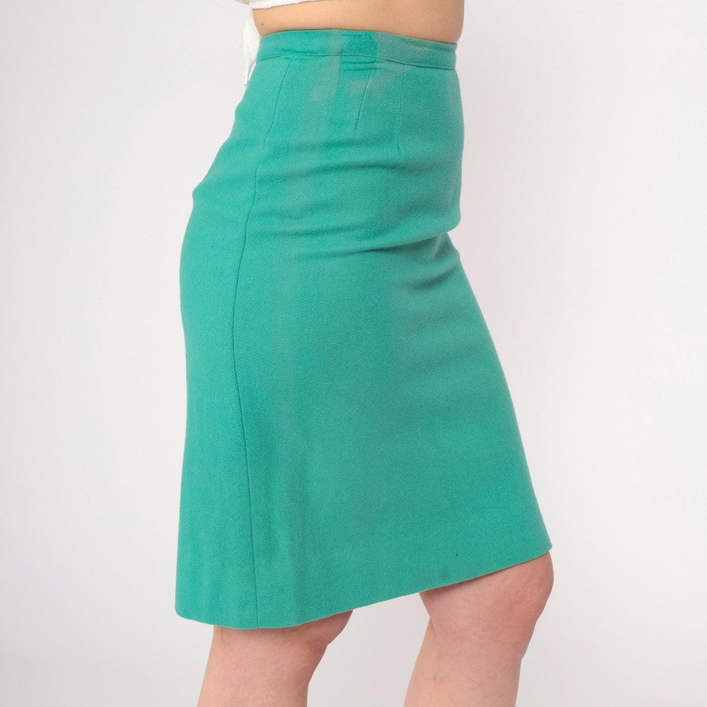 1960s Green Wool Pencil Skirt High Waist Mini Back Zip Extra Small