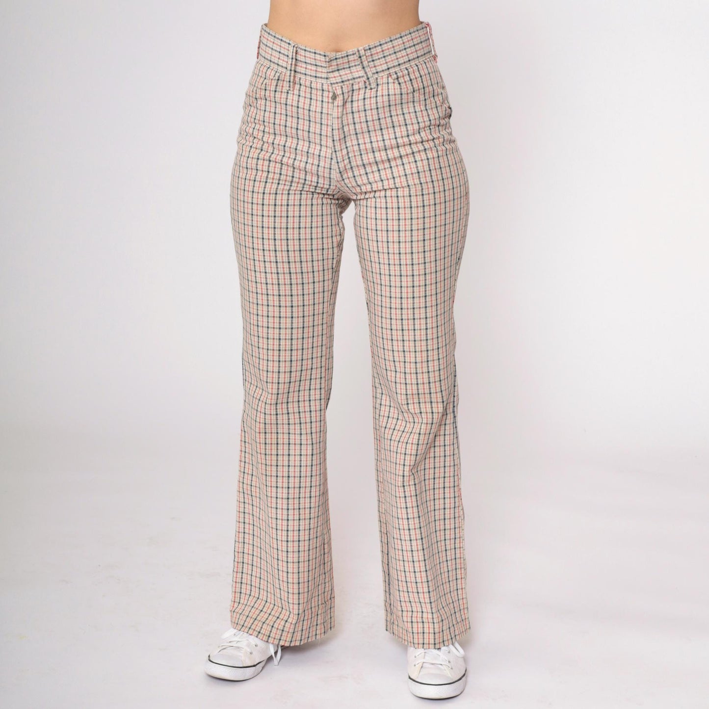 70s Plaid High-Waisted Flared Trousers Beige Red Navy Checkered Small