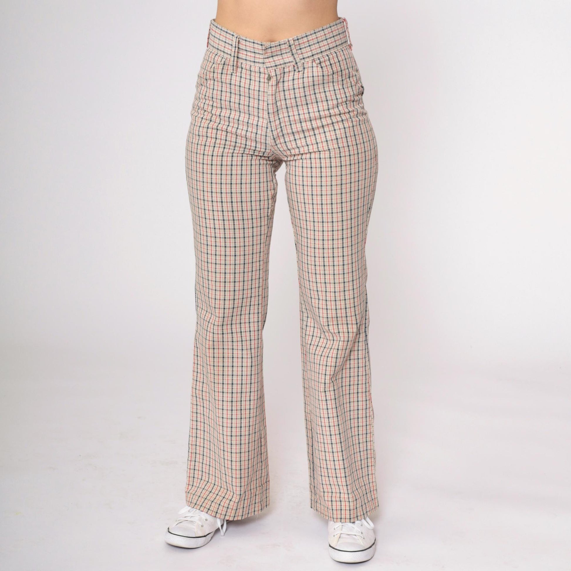 70s Plaid High-Waisted Flared Trousers Beige Red Navy Checkered Small