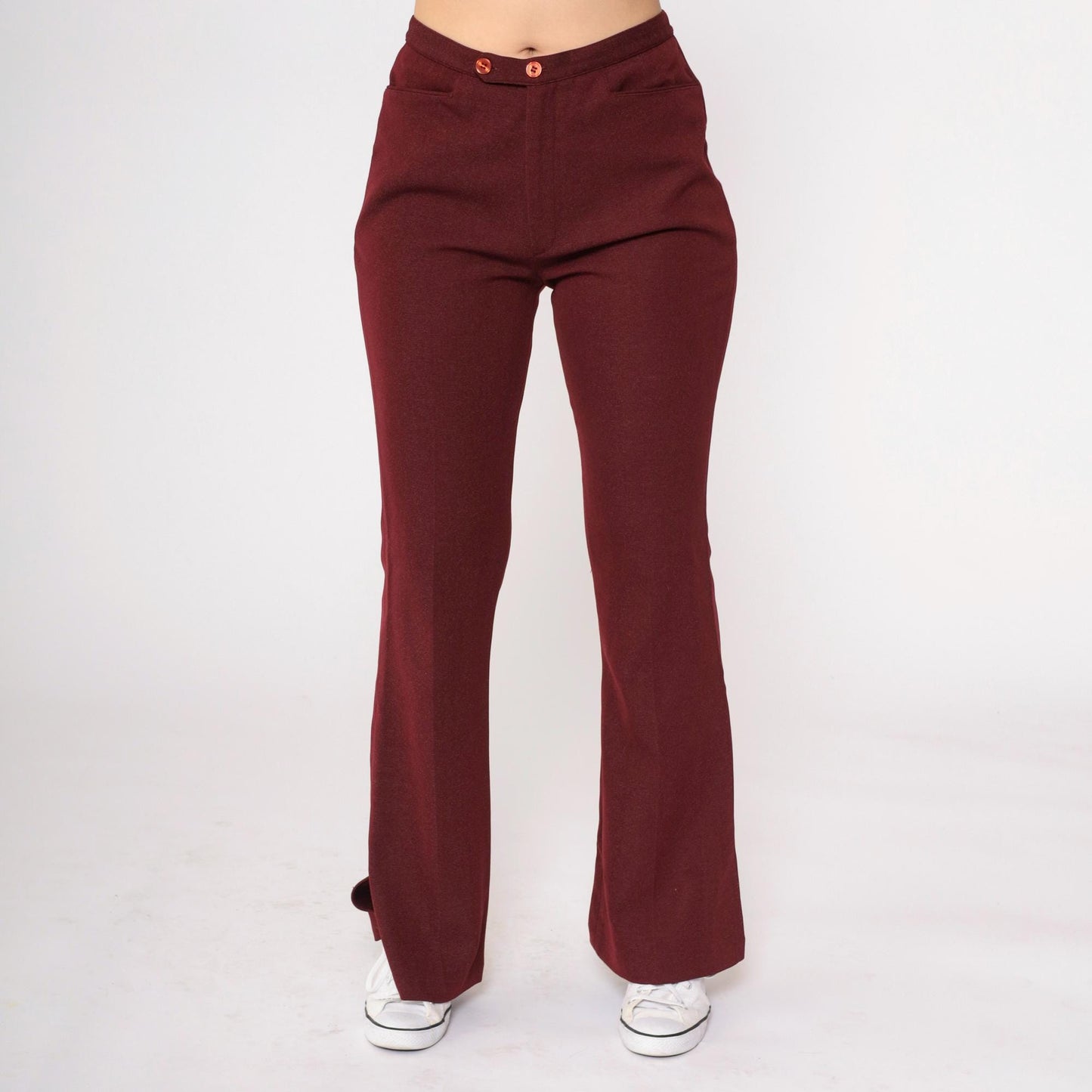 70s Burgundy Bell Bottom Pants High Waist Flared Leg Side Slits Small