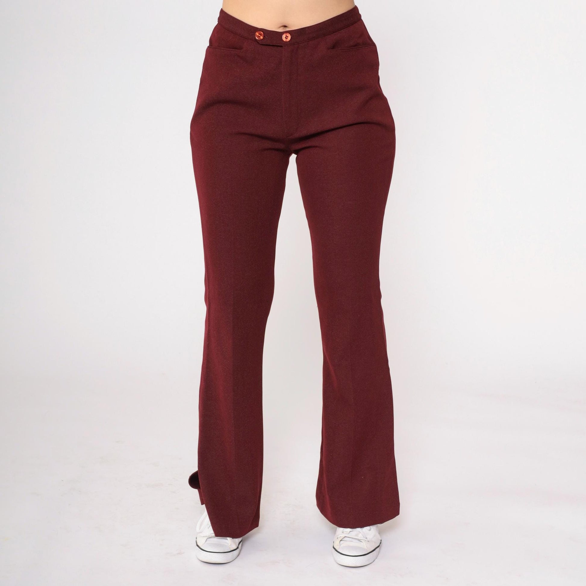 70s Burgundy Bell Bottom Pants High Waist Flared Leg Side Slits Small