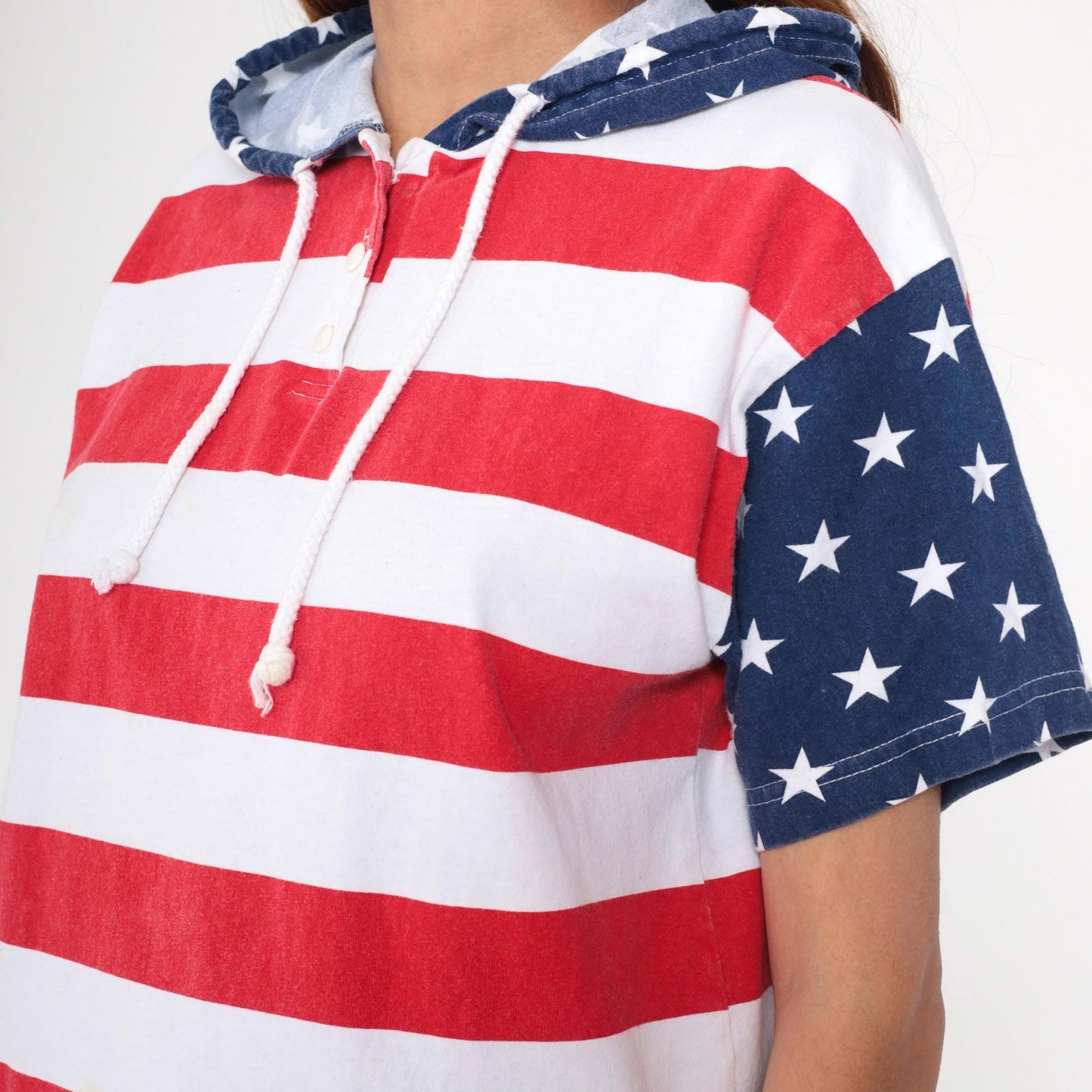 90s American Flag Stars and Stripes Hooded T-Shirt Cotton Youth Extra Large