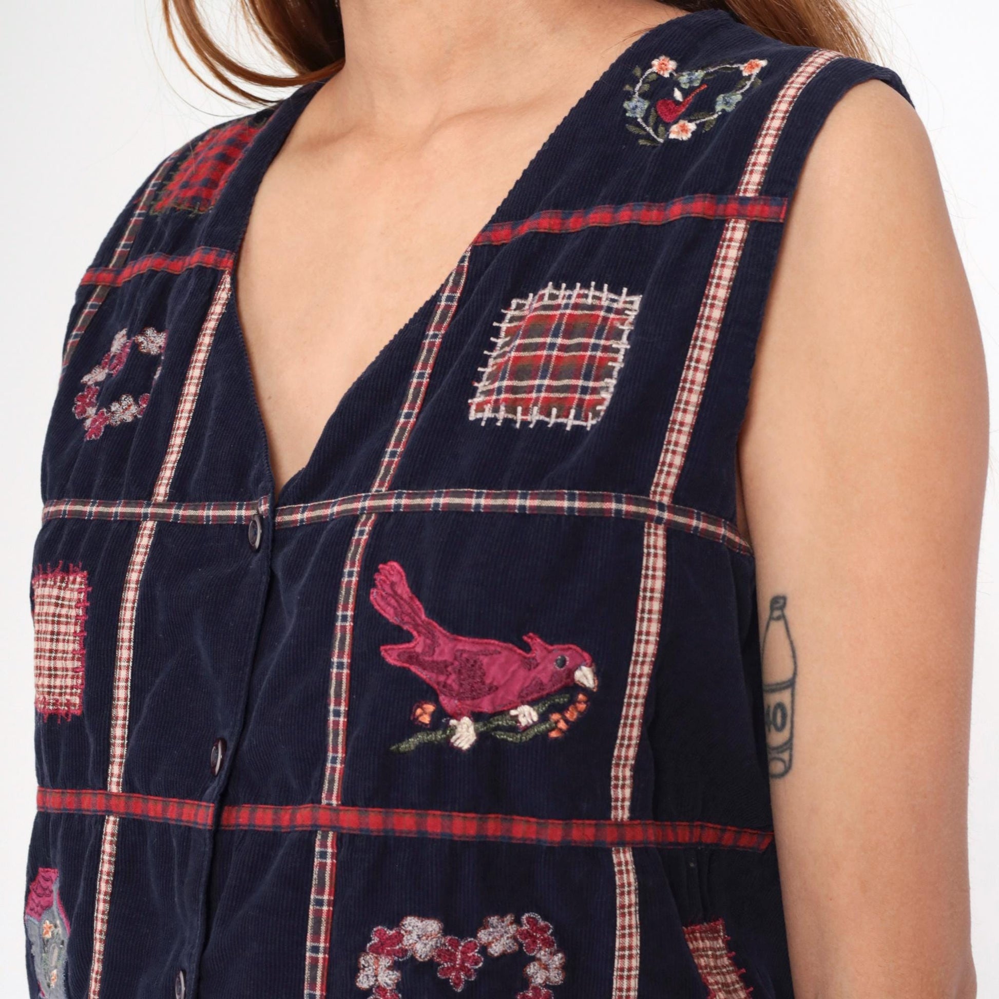 90s Navy Corduroy Patchwork Vest Button-Up Sleeveless Medium