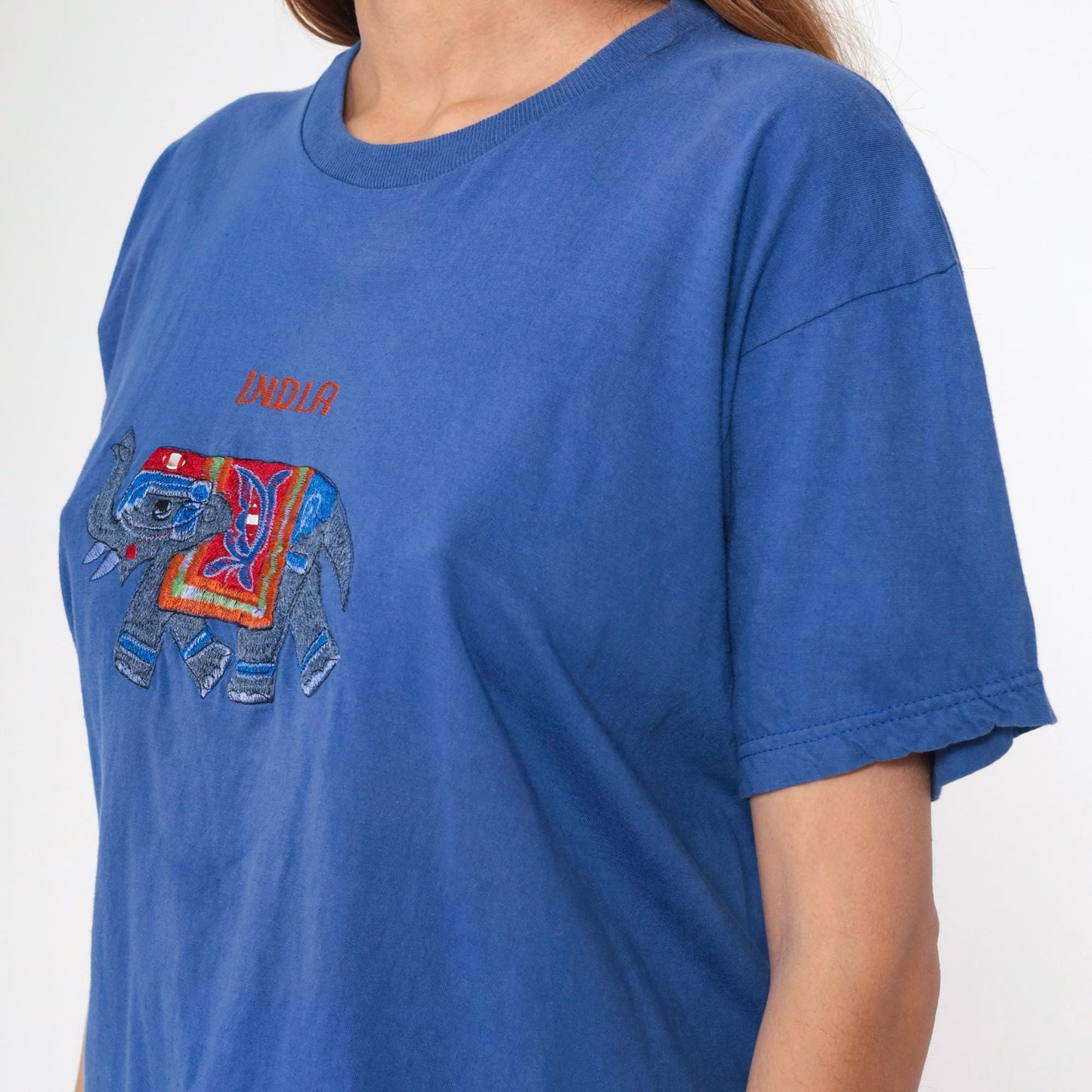 Y2K India Elephant Embroidered T-Shirt Blue Mirrored Graphic Tee Medium Large
