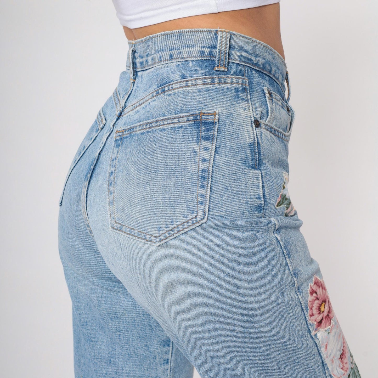 90s Floral Appliqué Light Wash Jeans High Waist Tapered Denim Small Long