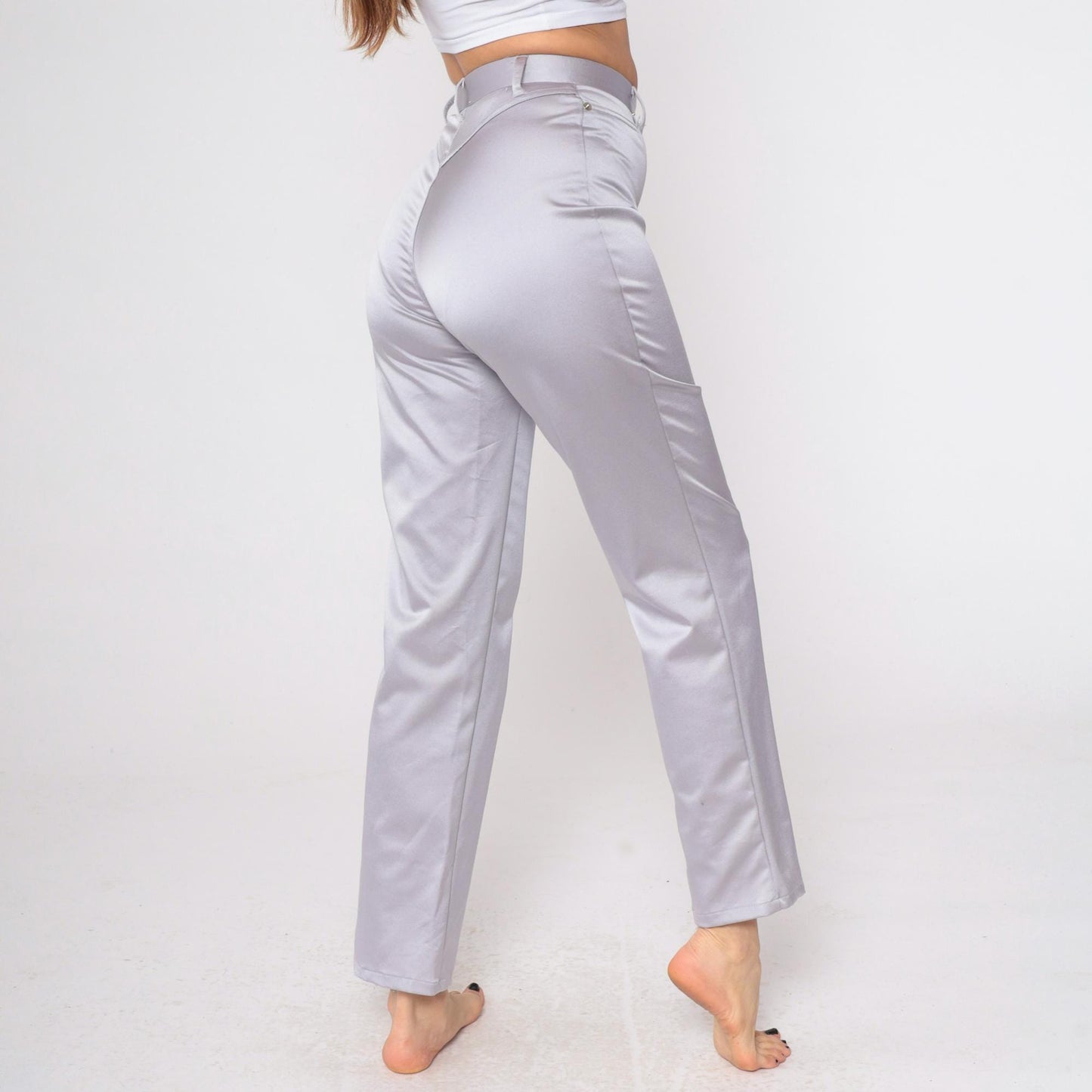 90s Forenza Silver Satin High-Waist Straight-Leg Trousers Small