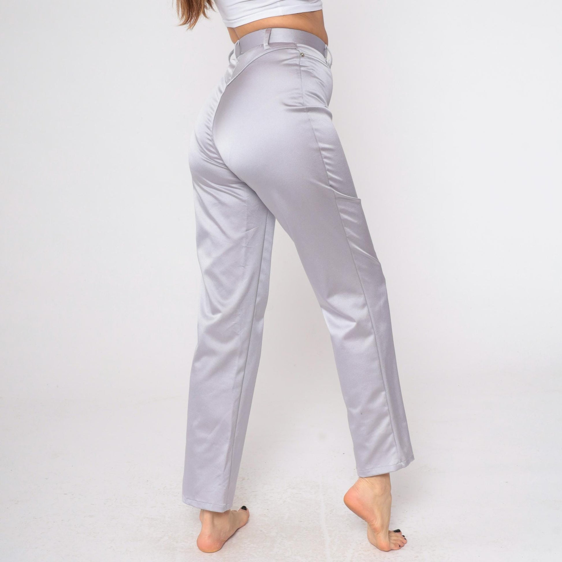 90s Forenza Silver Satin High-Waist Straight-Leg Trousers Small