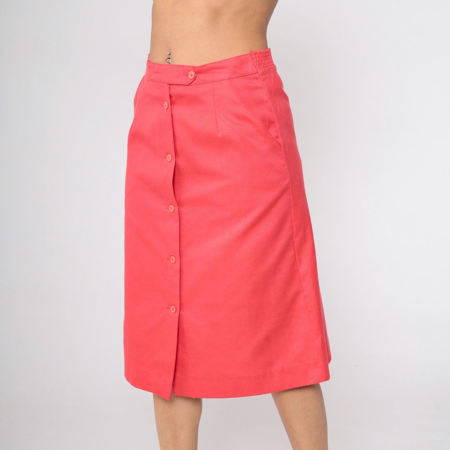 70s Sears Button-Front Midi Skirt Coral Pink High Waist Medium