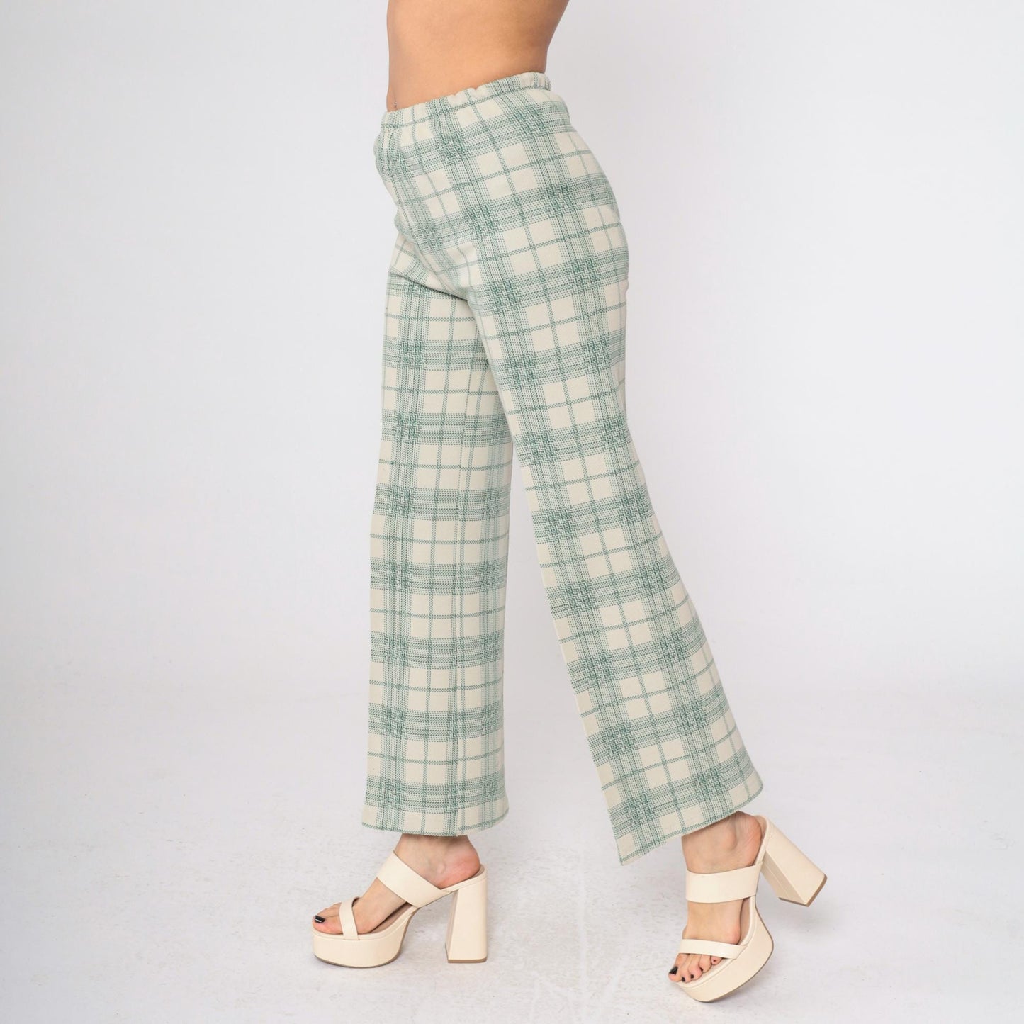 70s Plaid High-Waisted Trousers Cream Green Checkered Straight Leg Small