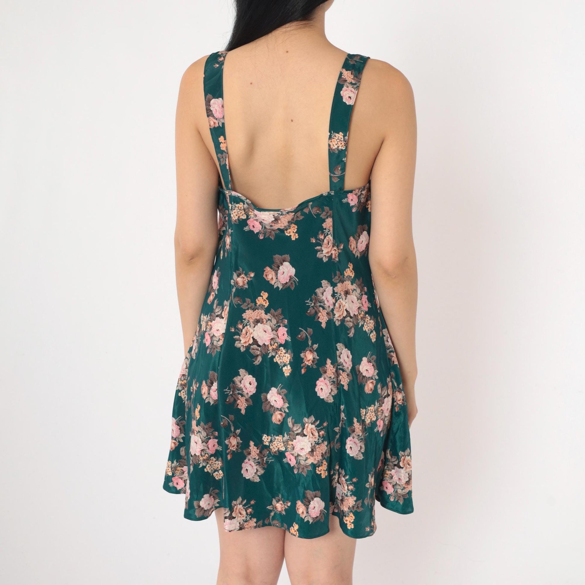 90s Green Floral Satin Slip Dress Pink Rosette Lace Trim Mini V-Neck Medium