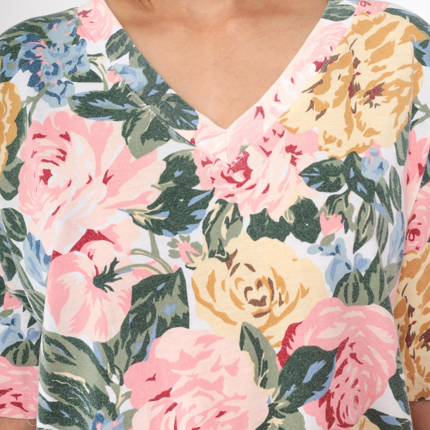 90s Express Tricot Floral T-Shirt Pink Rose Yellow Blue V-Neck Large L