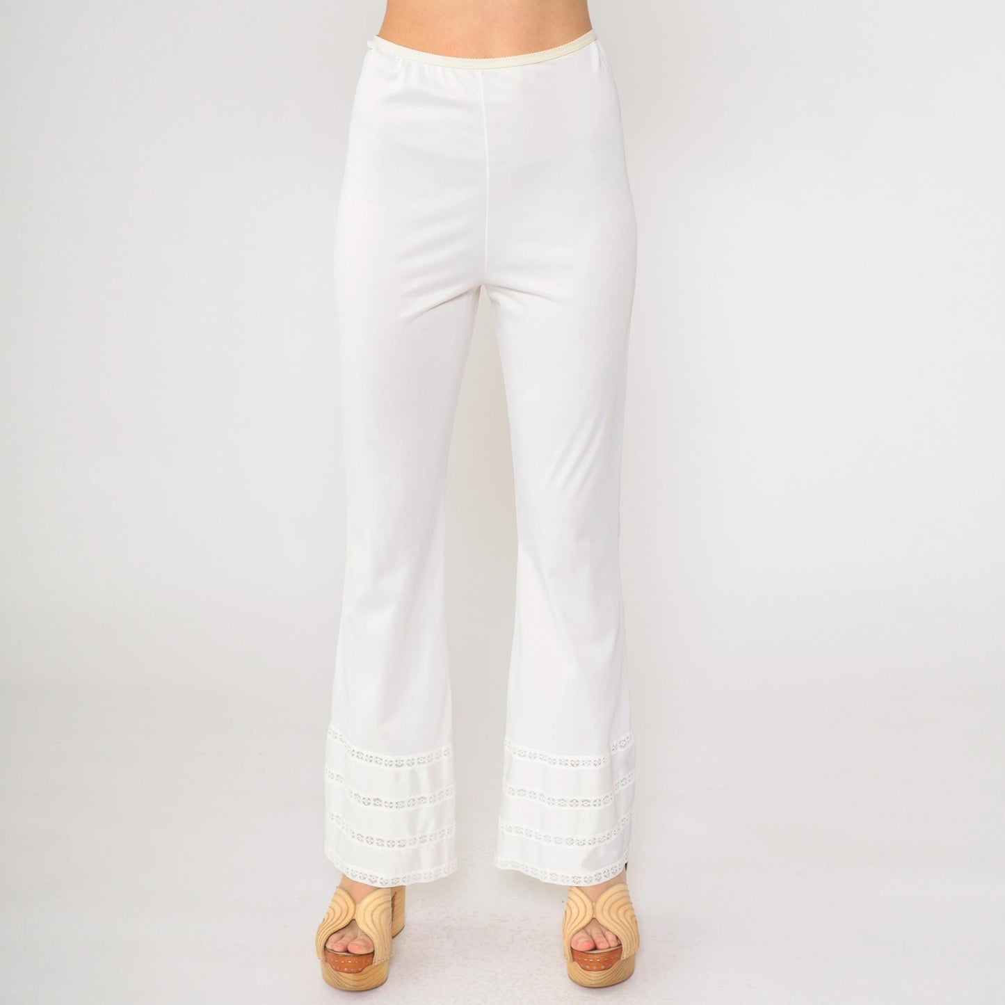 70s Gossara Artemis White Nylon Flared Lounge Pants Lace Trim Small