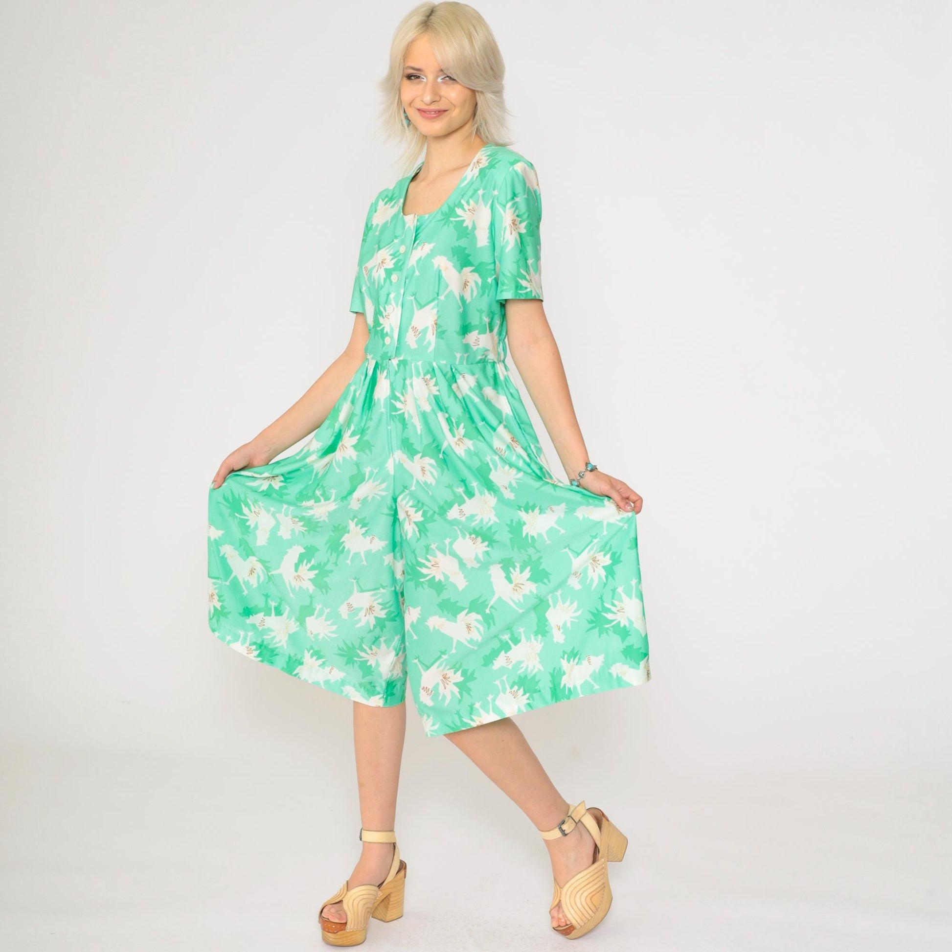 70s Abstract Chicken Print Midi Jumpsuit Green Button-Up Shirtdress Medium