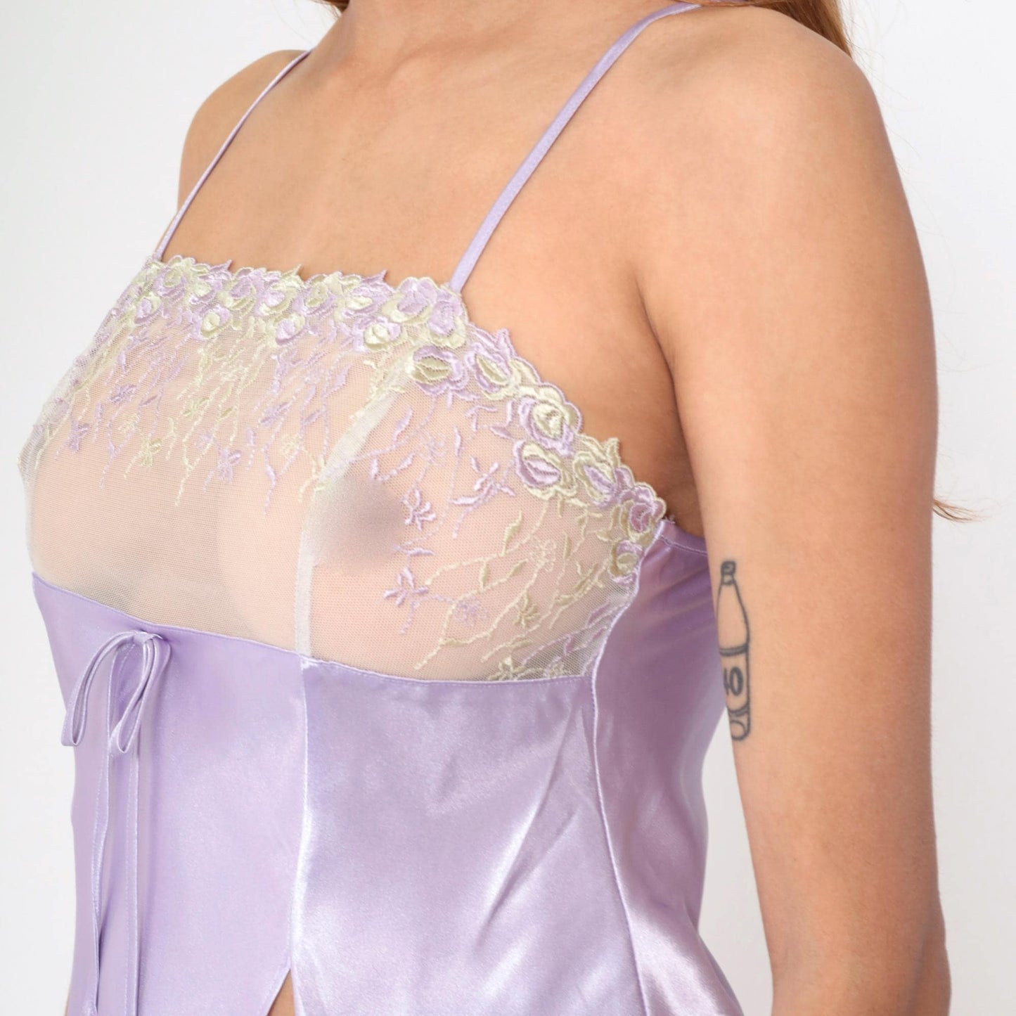 90s Lavender Satin Camisole Floral Embroidered Mesh Spaghetti Strap Medium