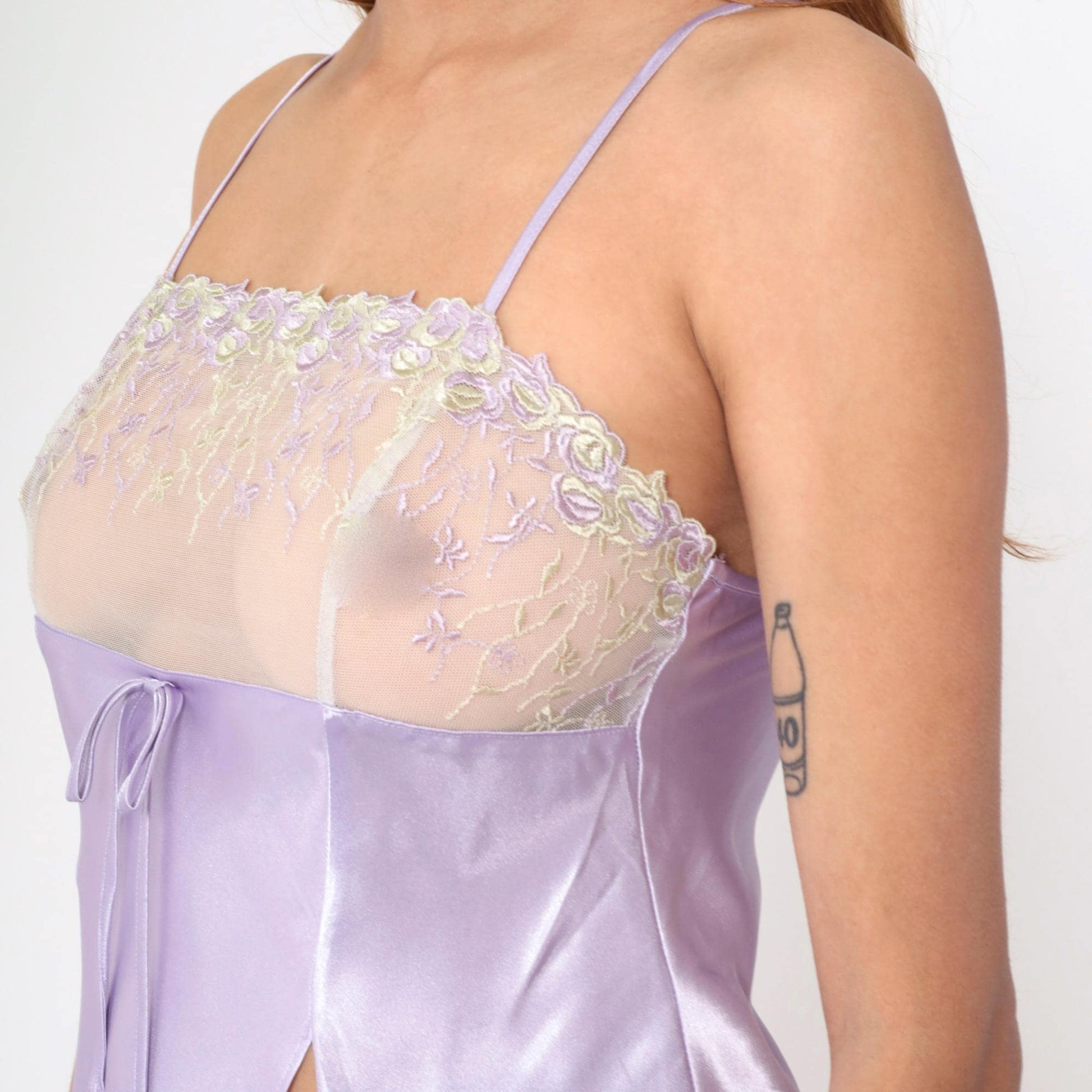 90s Lavender Satin Camisole Floral Embroidered Mesh Spaghetti Strap Medium