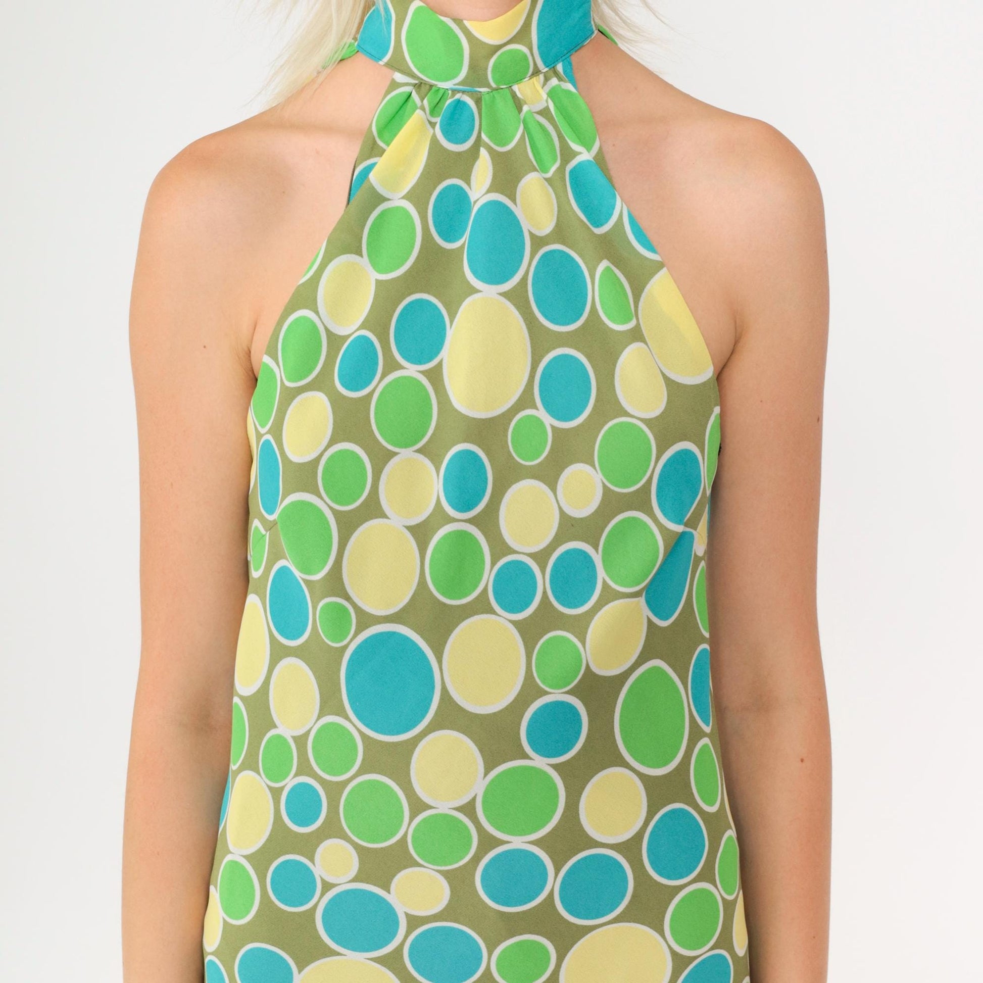 Y2K Halter Midi Dress Olive Green Polka Dot Sleeveless Keyhole Medium