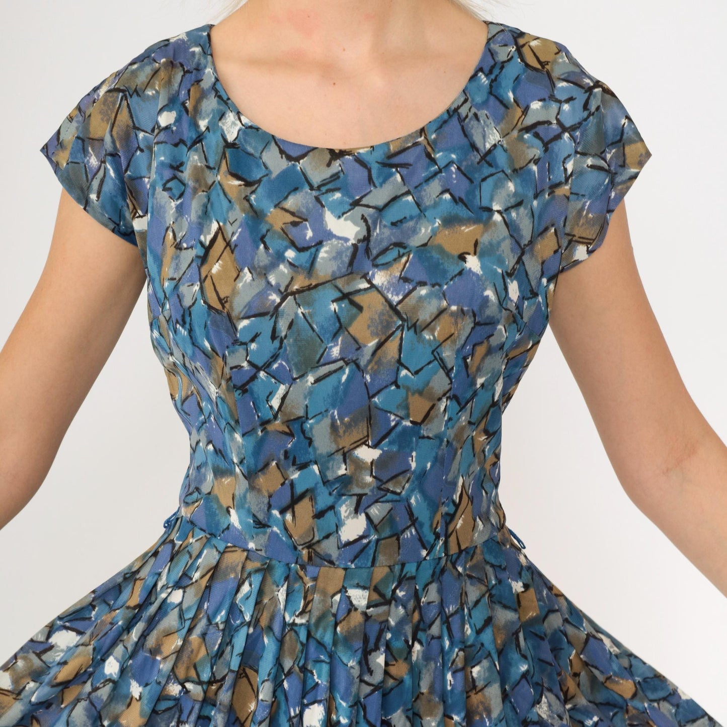 60s Sears Abstract Mosaic Midi Dress High Waisted Pleated Blue Geometric Small