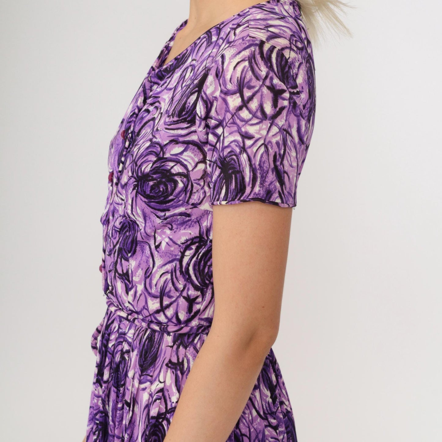 60s Purple Abstract Swirl Midi Shirtdress High Waist Button Up Extra Small