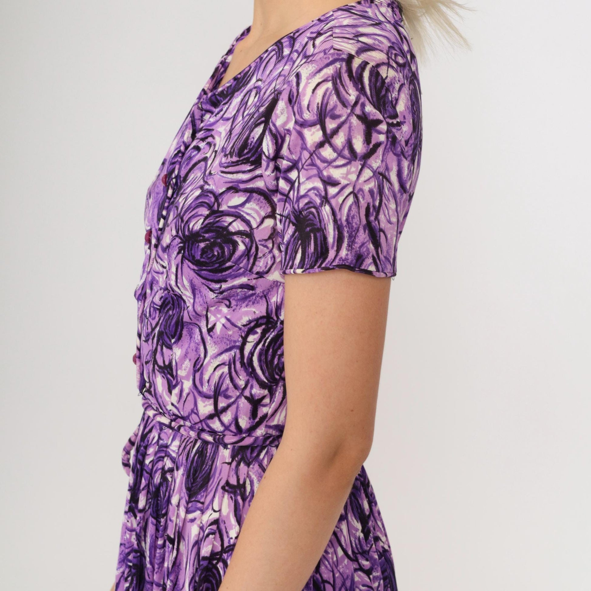 60s Purple Abstract Swirl Midi Shirtdress High Waist Button Up Extra Small