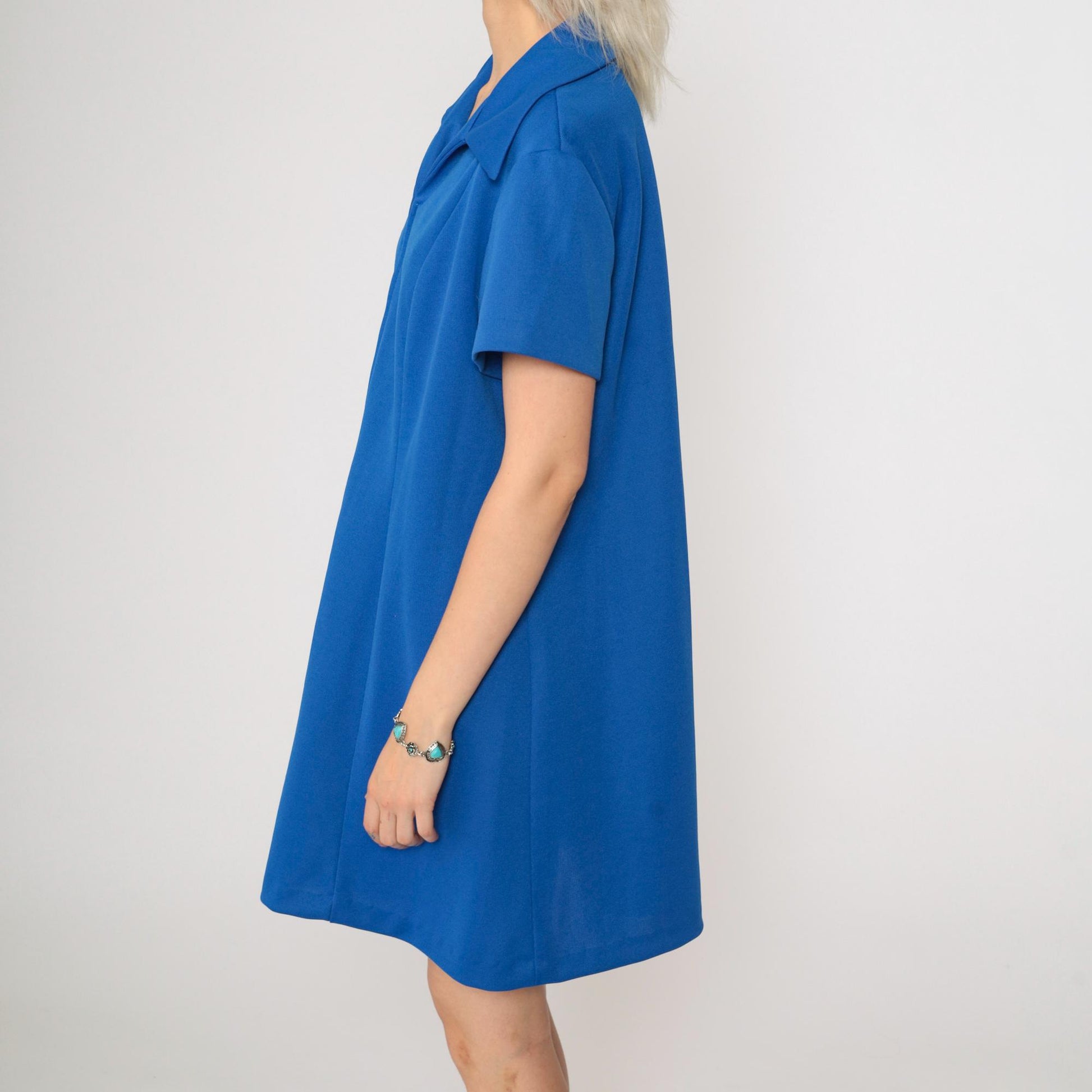 70s Mod Mini Dress Royal Blue Front Zip Shift Dress Short Sleeve Large L