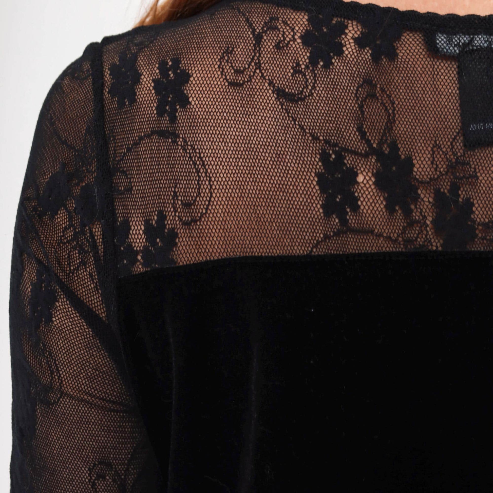 90s Black Velvet Bodycon Midi Dress Lace Illusion Neckline Large L