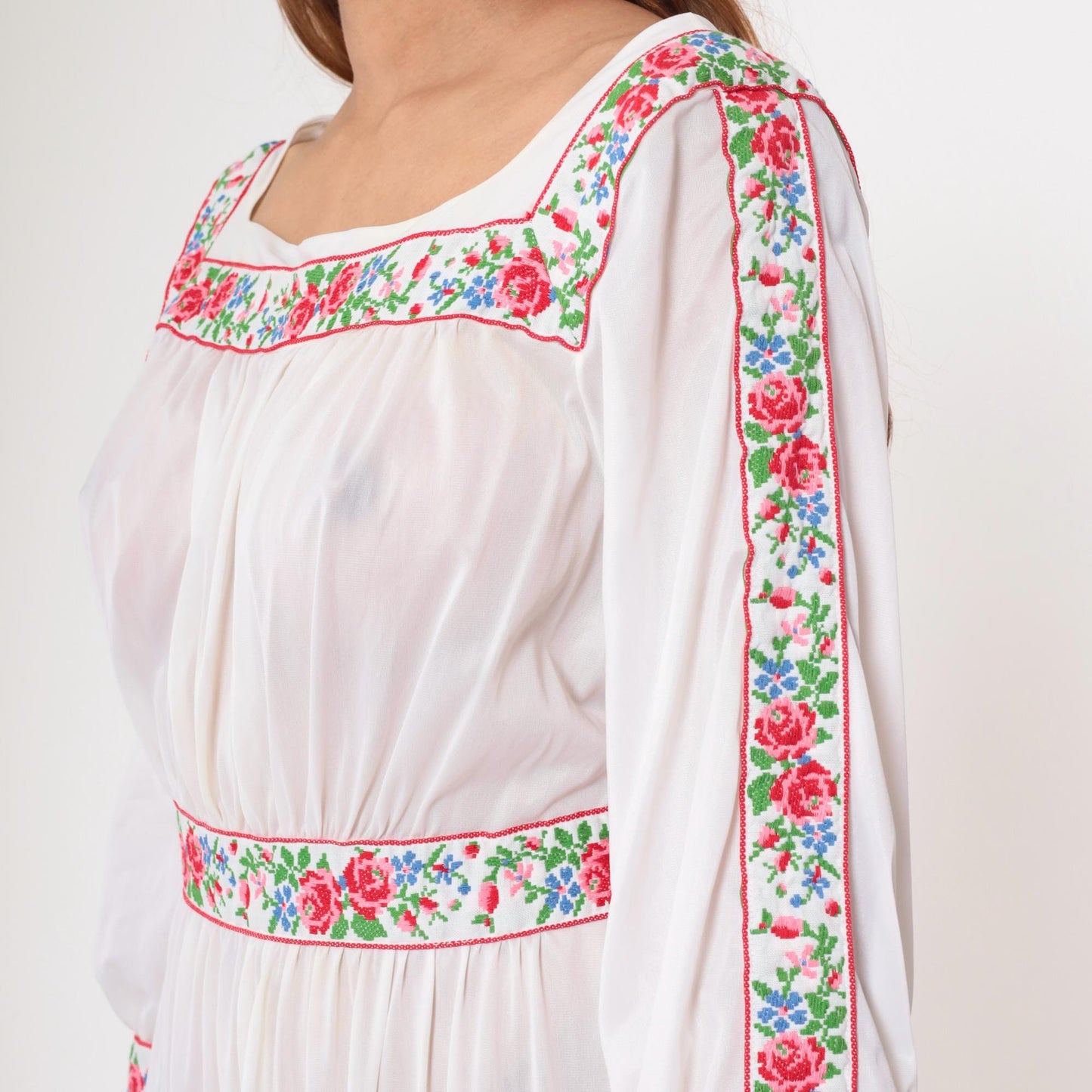70s Sears Sheer White Floral Embroidered Maxi Nightgown High Waist Large