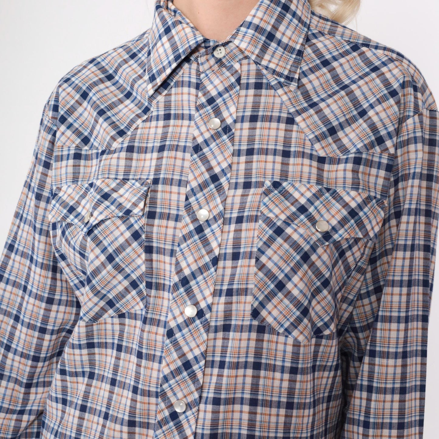 80s Saturdays in California Western Shirt Plaid Pearl Snap Blue White Medium