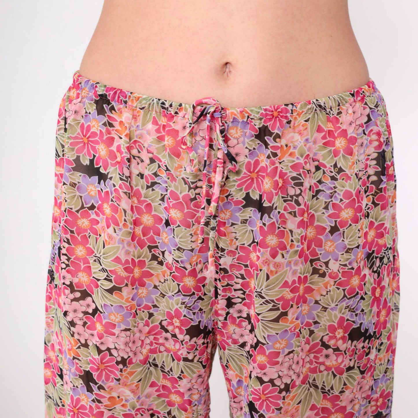 90s Sheer Floral Pink Cropped Trousers Ruffled Hem Drawstring Small