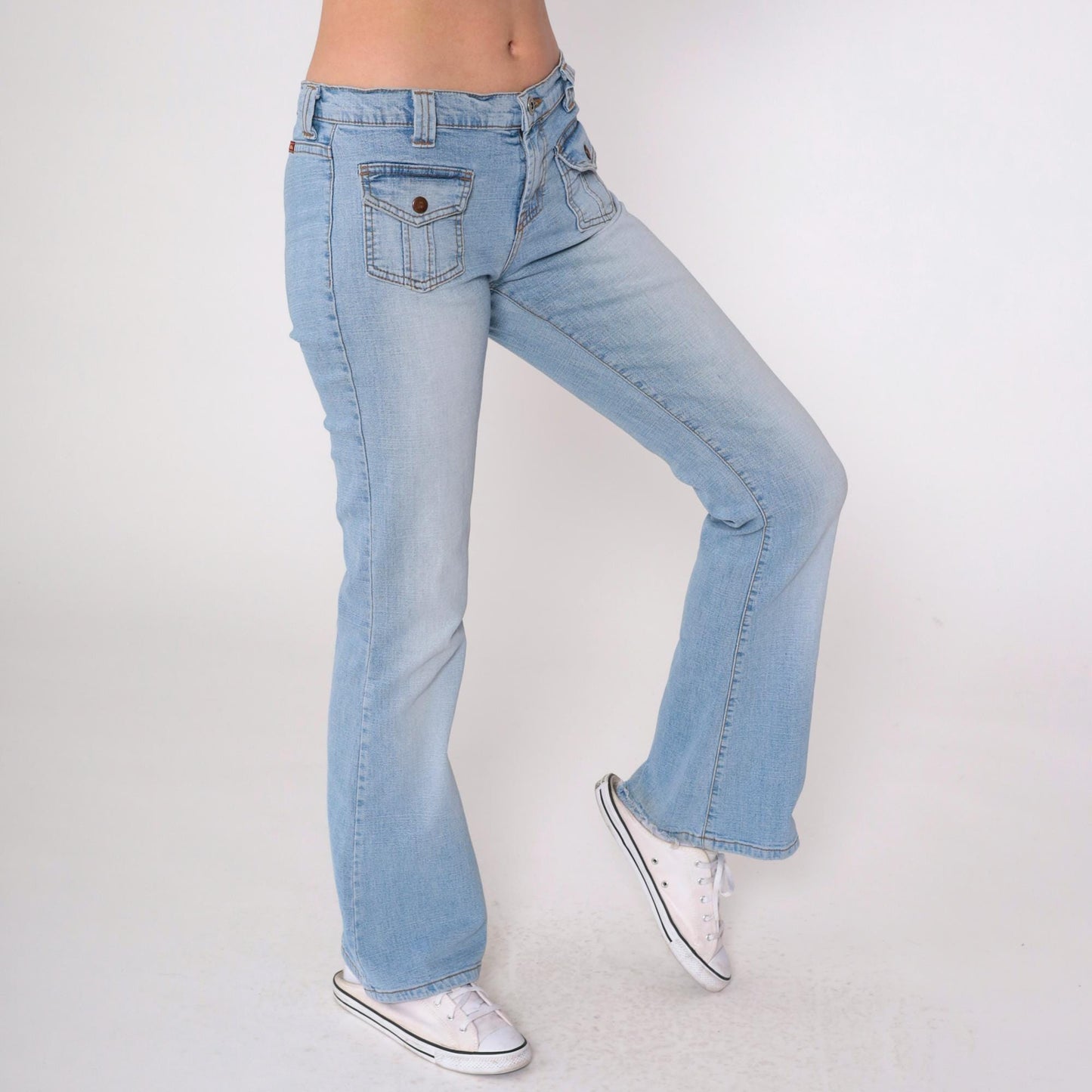 Y2K Low Rise Flared Jeans Blue Denim Patch Pocket 00s Bell Bottom Small 5