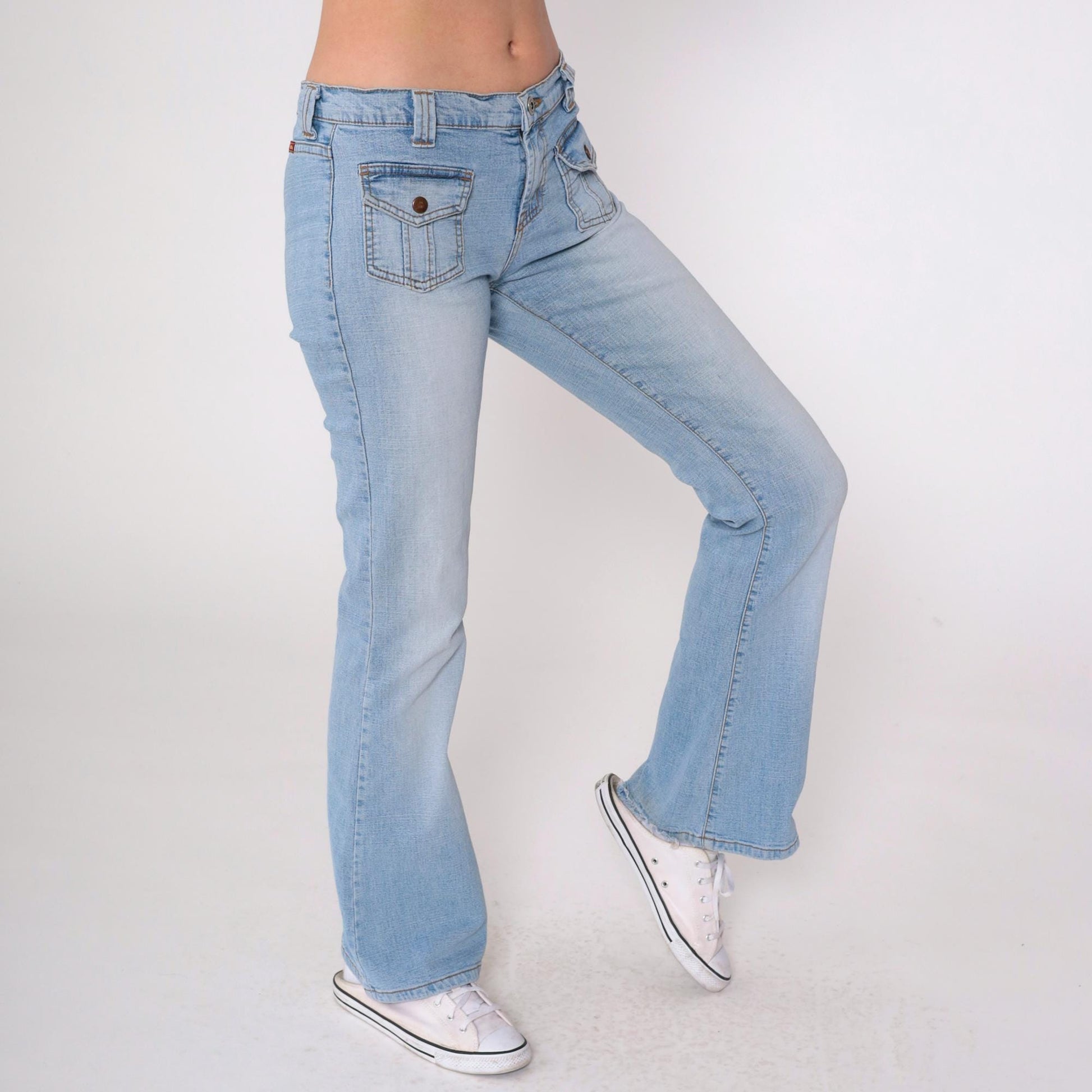 Y2K Low Rise Flared Jeans Blue Denim Patch Pocket 00s Bell Bottom Small 5