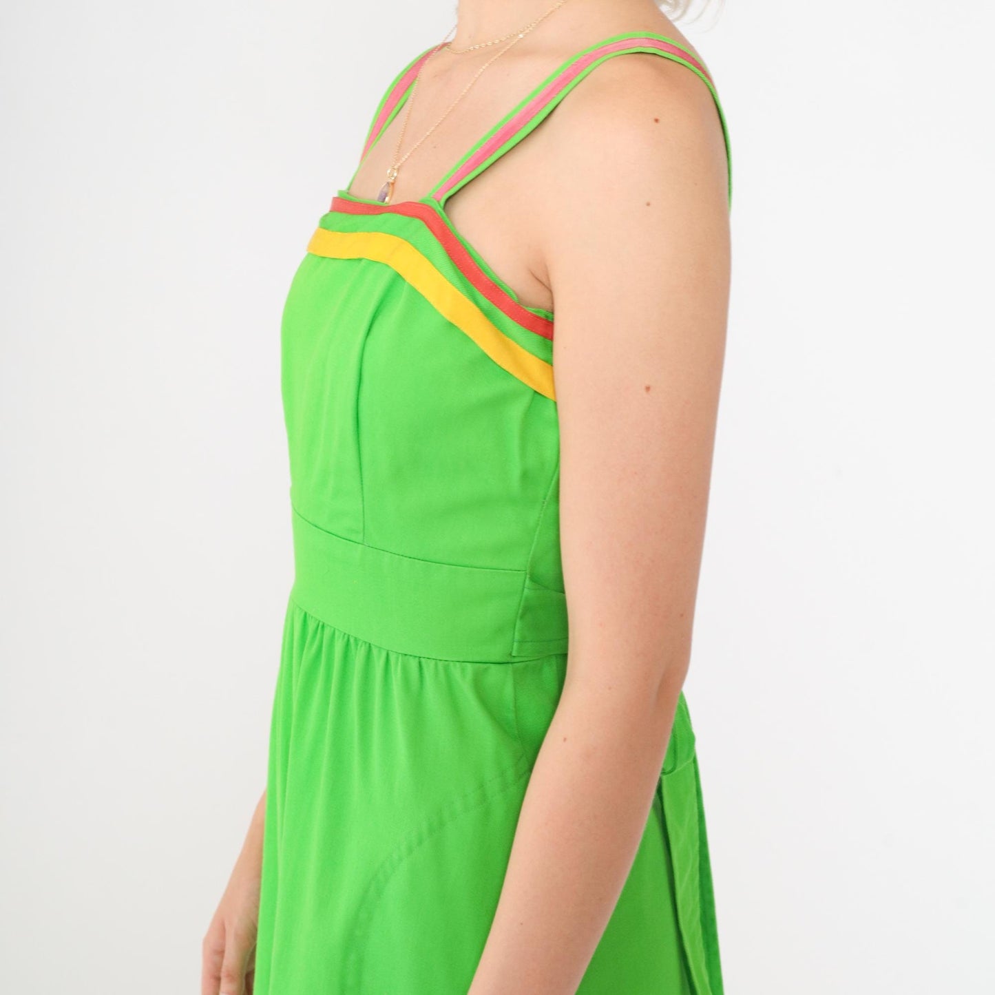 70s Bright Green Maxi Sundress Sleeveless High Waist Striped Trim Pockets XS